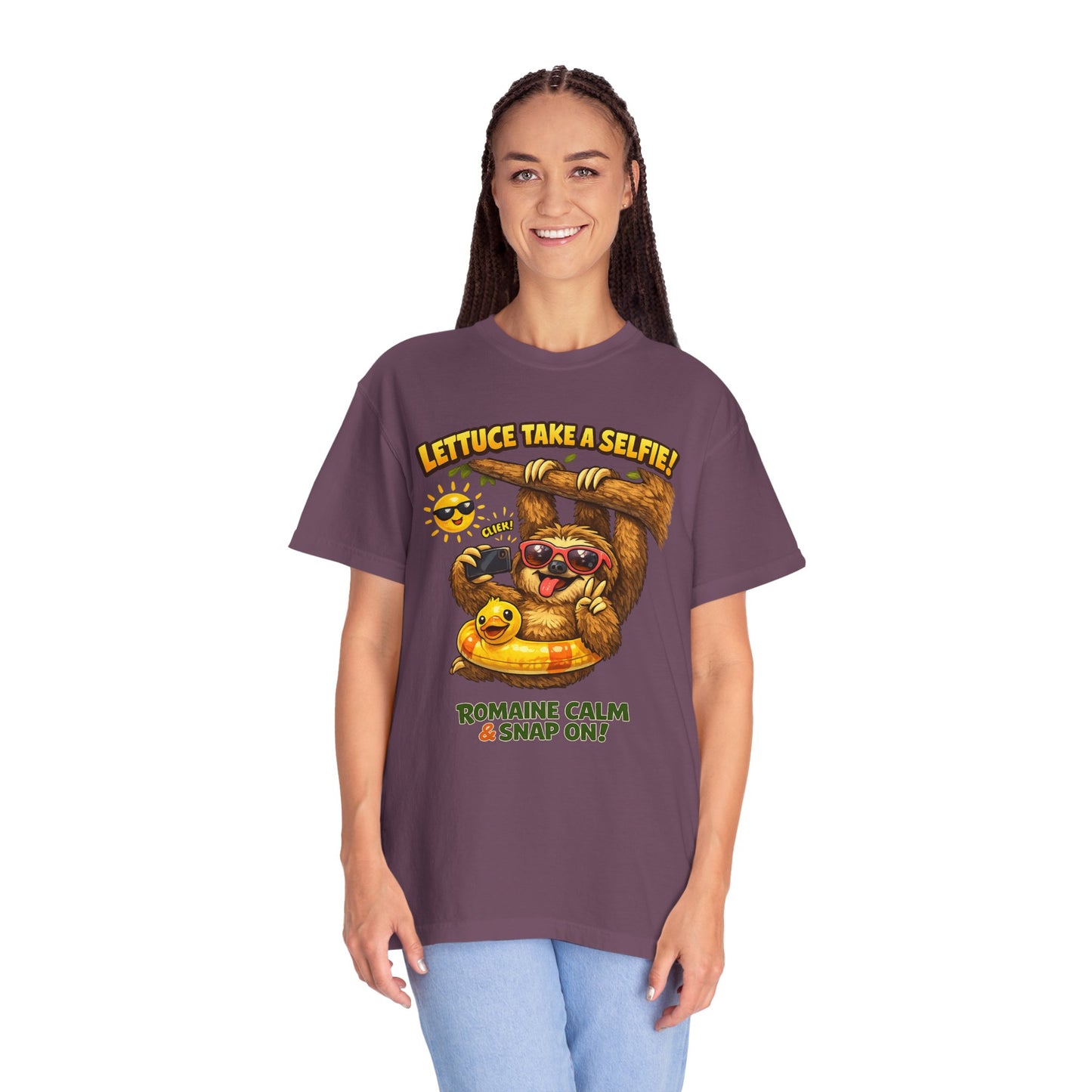Romaine Calm & Snap On T-Shirt — 'Lettuce Take a Selfie' Sloth Graphic Tee