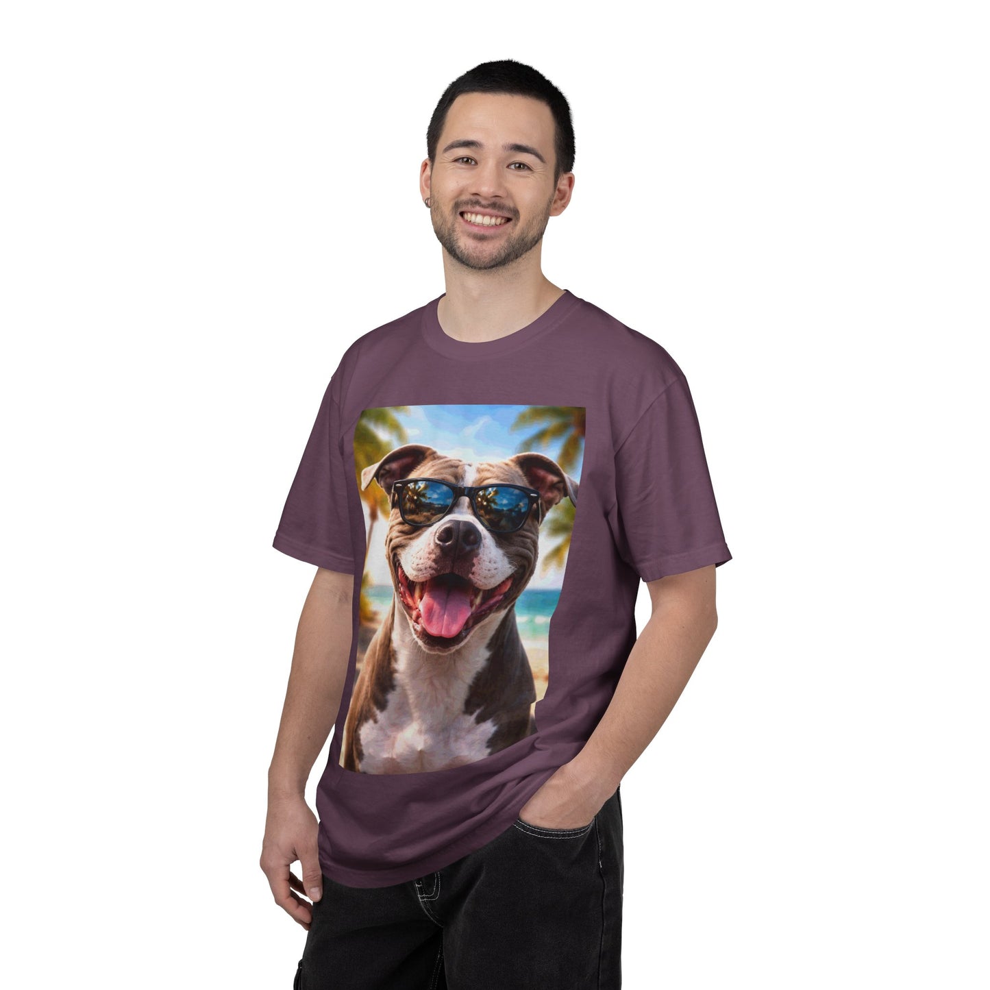 Happy Dog in Sunglasses T-Shirt — Summer Beach Pitbull Graphic Tee