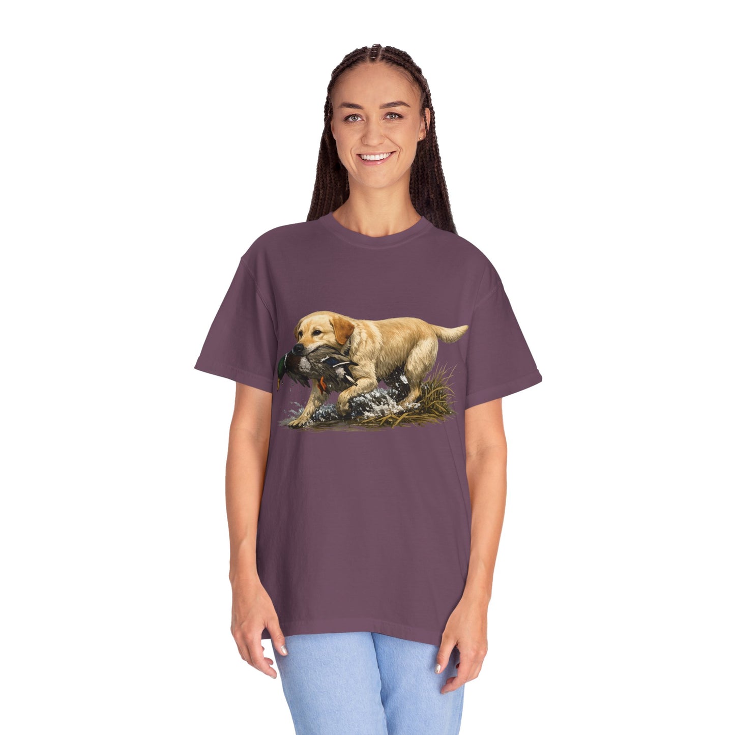 Labrador Retriever Hunting Dog T-Shirt — Yellow Lab with Duck Graphic