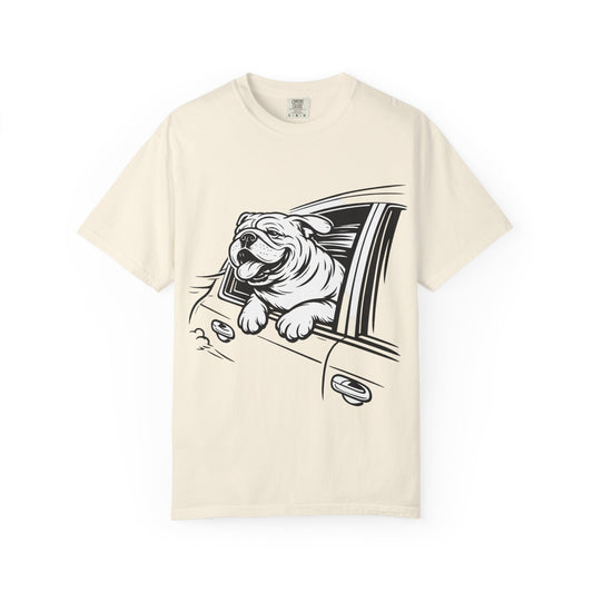 Bulldog Head Out Car Window T-Shirt — Cute Driving Dog Tee