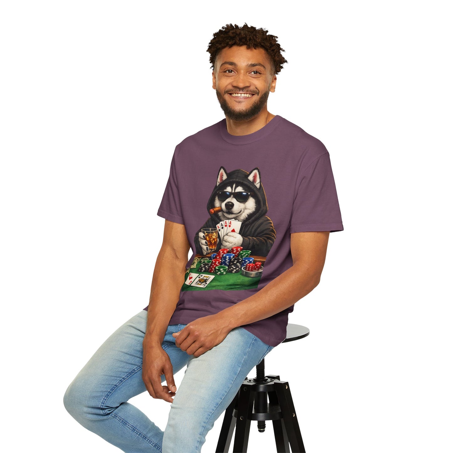 Poker Husky T-Shirt — Dog Playing Cards & Chips Graphic Tee