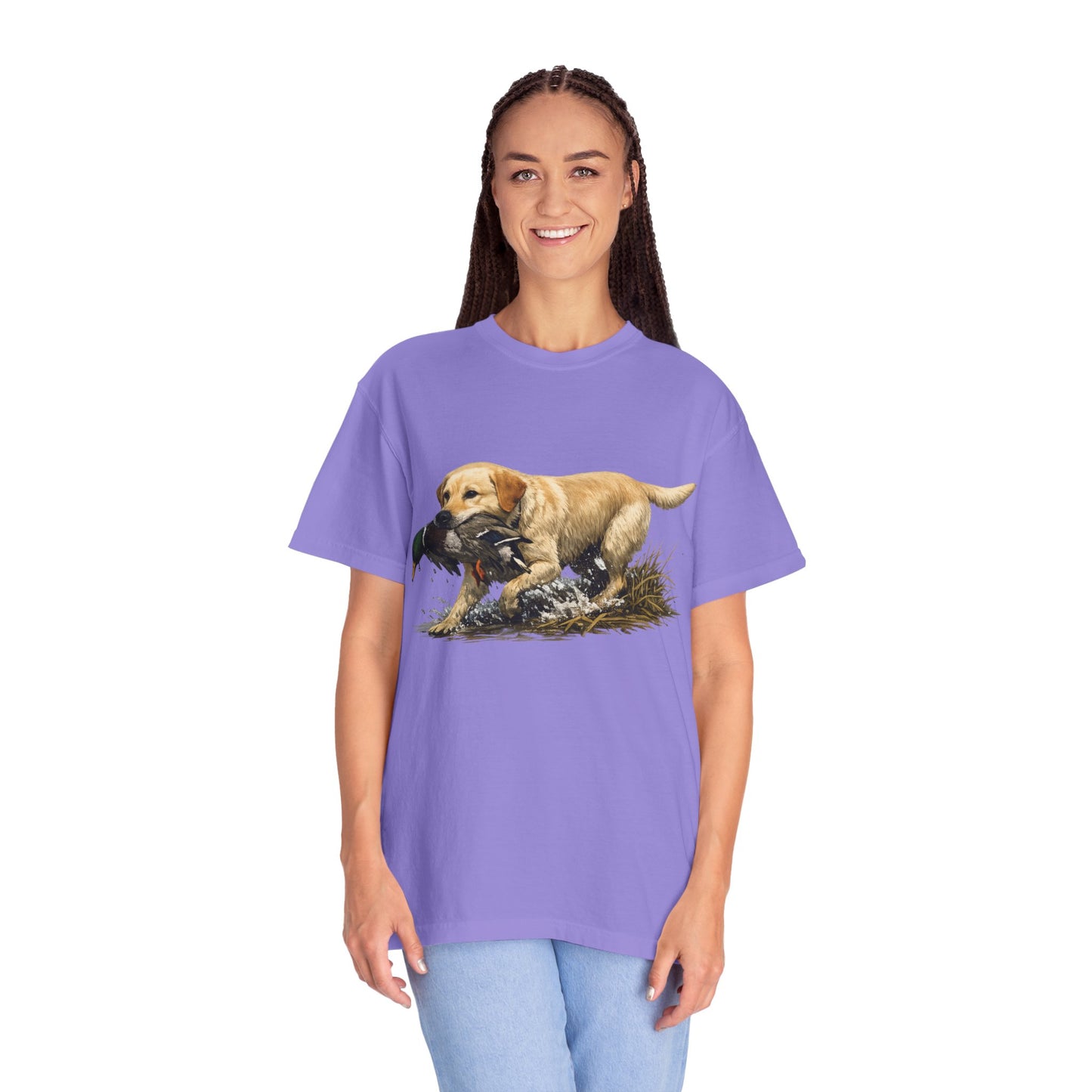 Labrador Retriever Hunting Dog T-Shirt — Yellow Lab with Duck Graphic