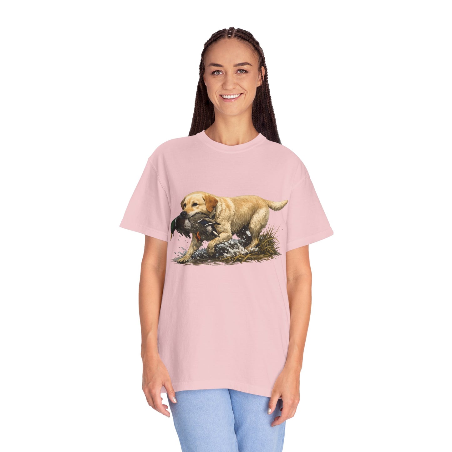 Labrador Retriever Hunting Dog T-Shirt — Yellow Lab with Duck Graphic