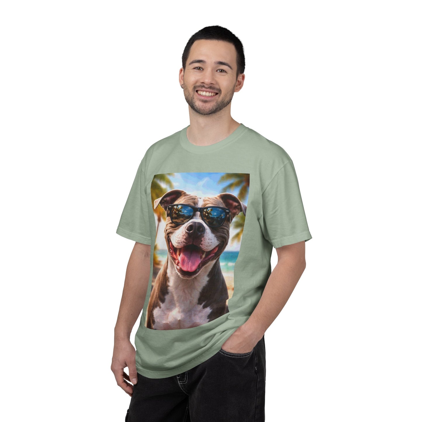 Happy Dog in Sunglasses T-Shirt — Summer Beach Pitbull Graphic Tee