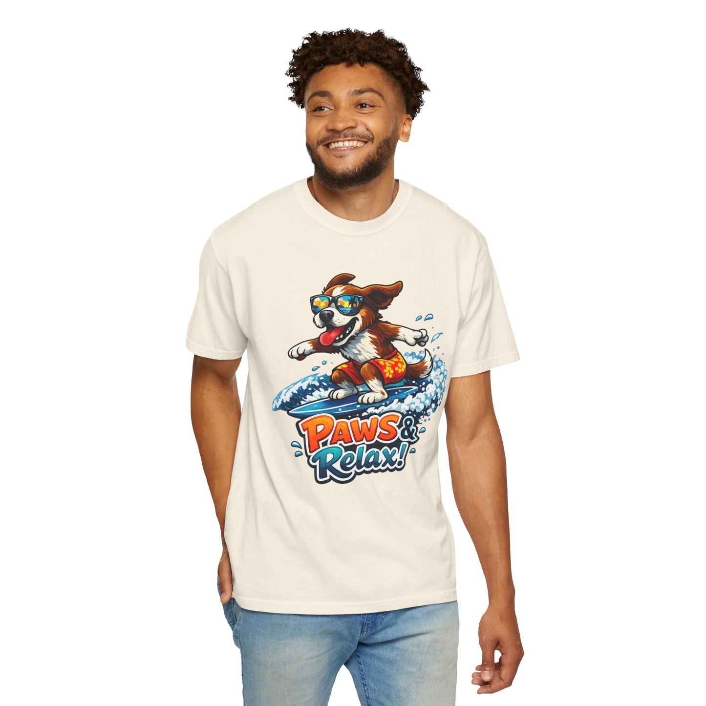 Surfing Dog T-Shirt — "Paws & Relax" Graphic Tee