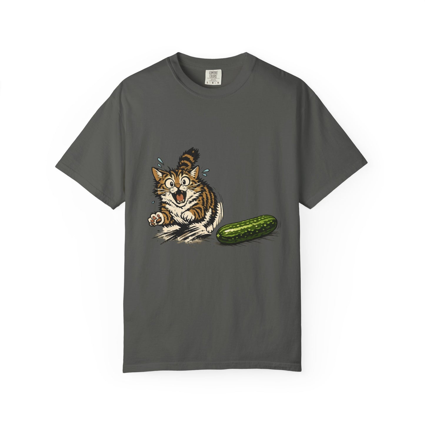 Cat and Cucumber Fear Graphic T-Shirt — Surprised Kitten with Cucumber Illustration