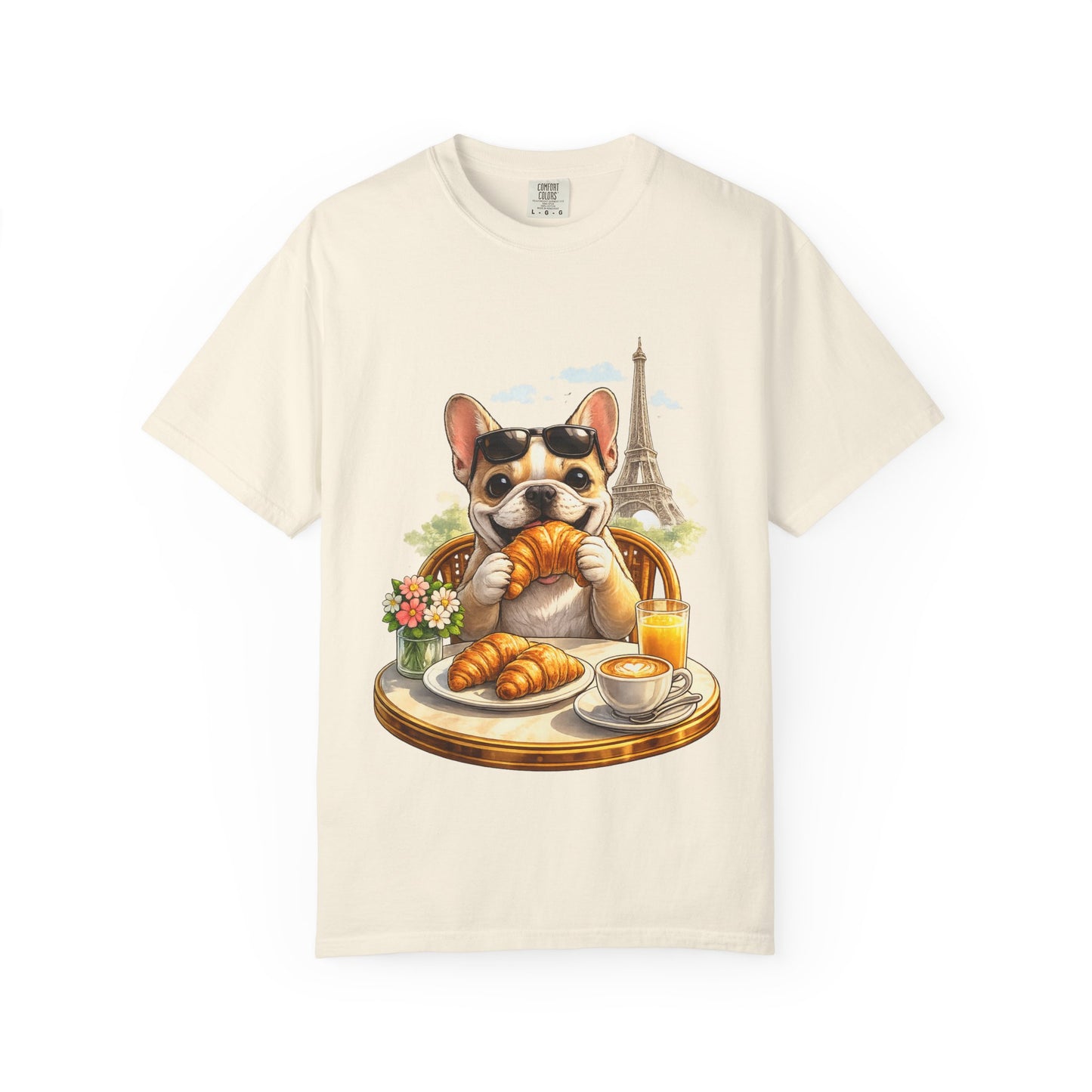 French Bulldog Breakfast T-Shirt — Croissant Café Tee with Eiffel Tower