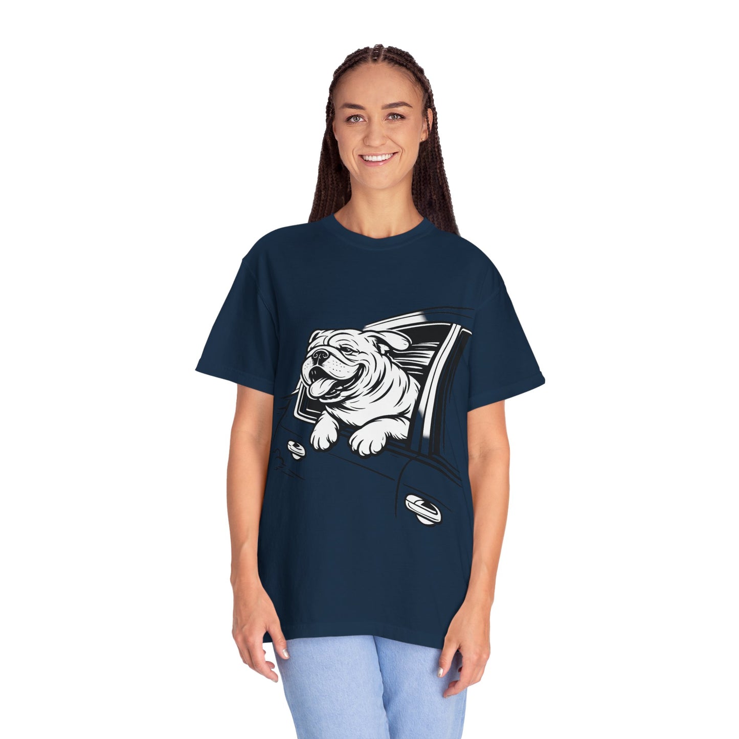 Bulldog Head Out Car Window T-Shirt — Cute Driving Dog Tee