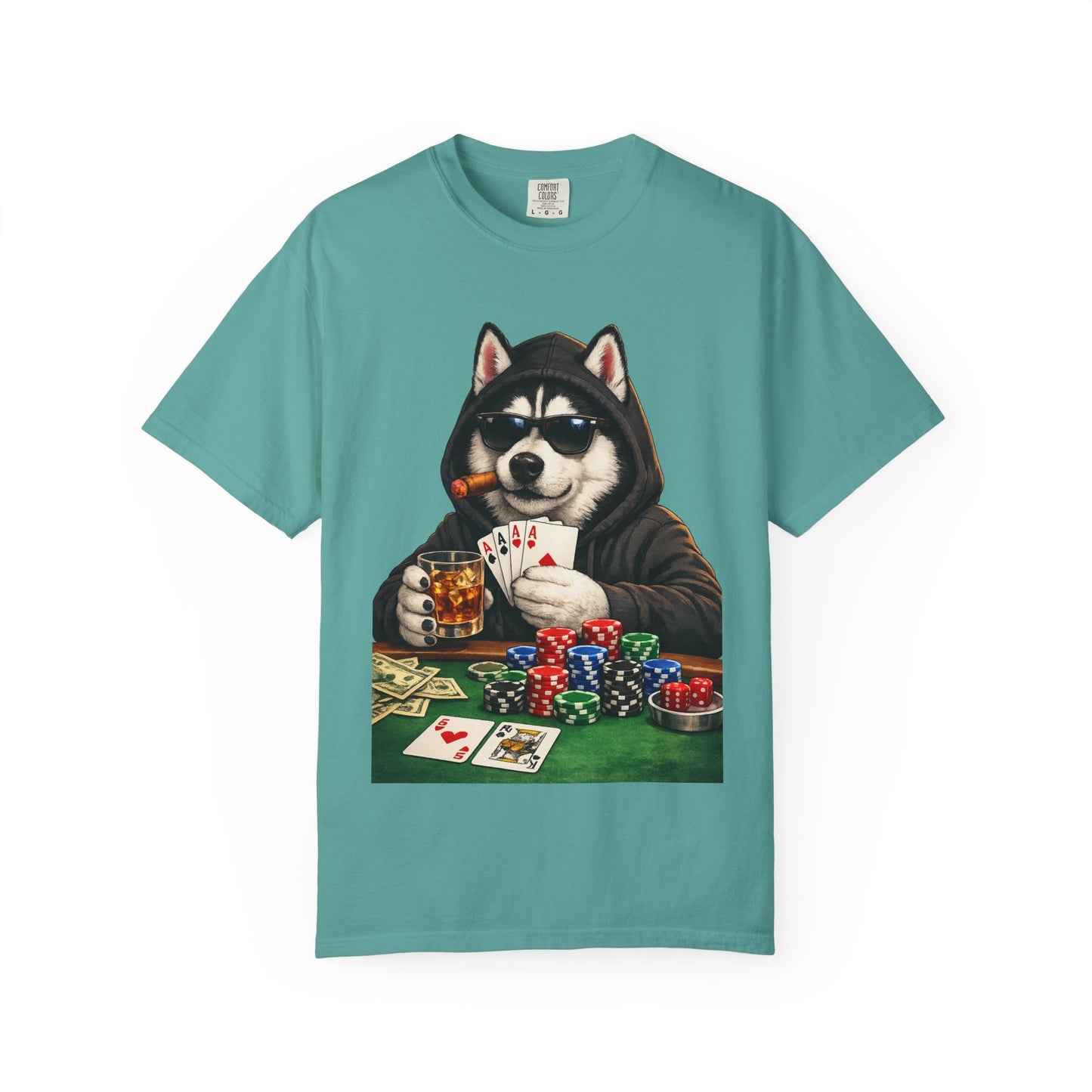 Poker Husky T-Shirt — Dog Playing Cards & Chips Graphic Tee