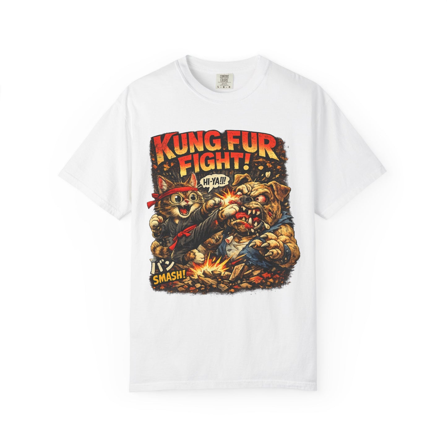 Kung Fur Fight T-Shirt — Retro Cat vs Dog Martial Arts Graphic Tee