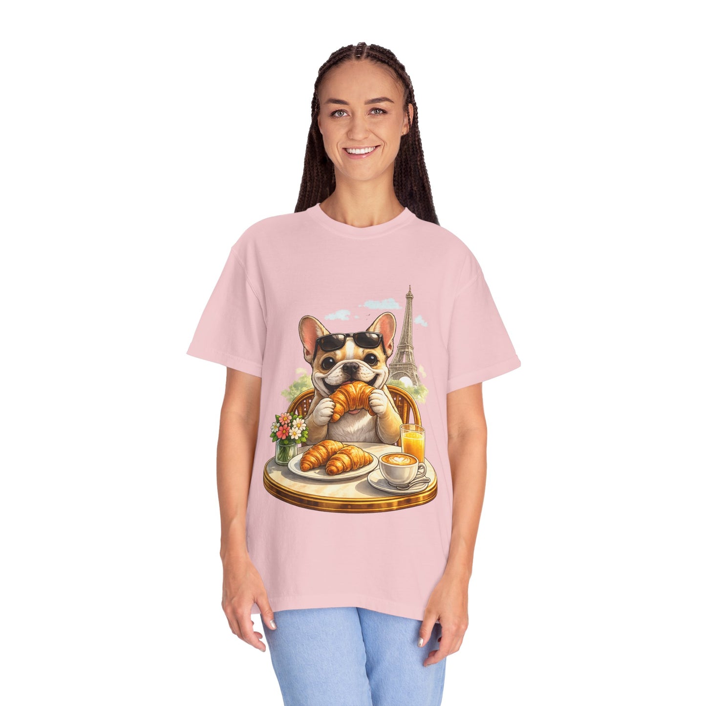 French Bulldog Breakfast T-Shirt — Croissant Café Tee with Eiffel Tower