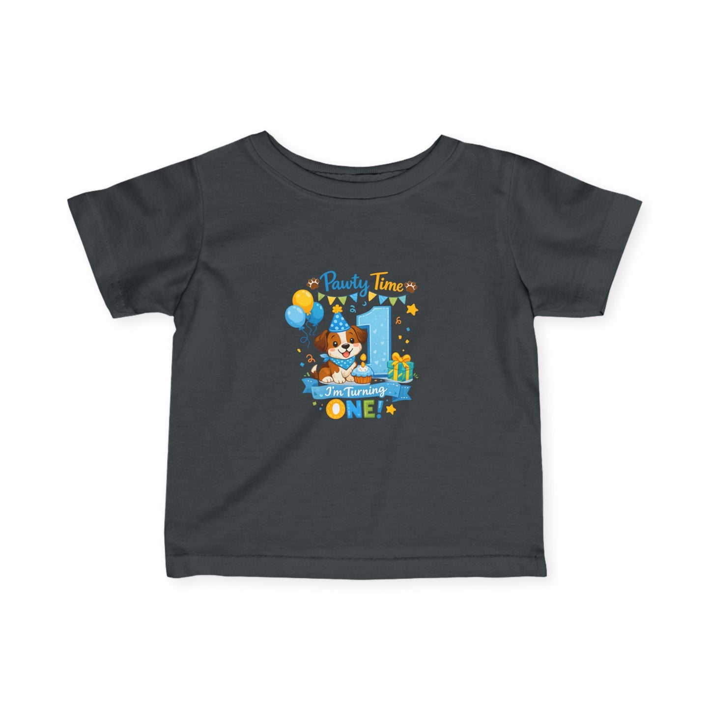 1st Birthday Infant Tee — "Party Time! Turning One" Cute Puppy Balloon Design