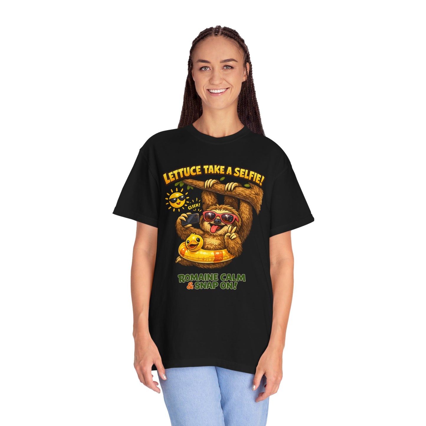 Romaine Calm & Snap On T-Shirt — 'Lettuce Take a Selfie' Sloth Graphic Tee
