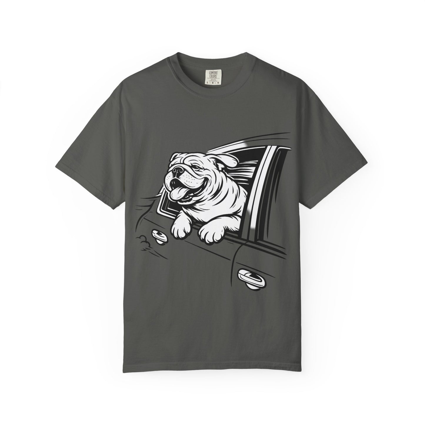 Bulldog Head Out Car Window T-Shirt — Cute Driving Dog Tee