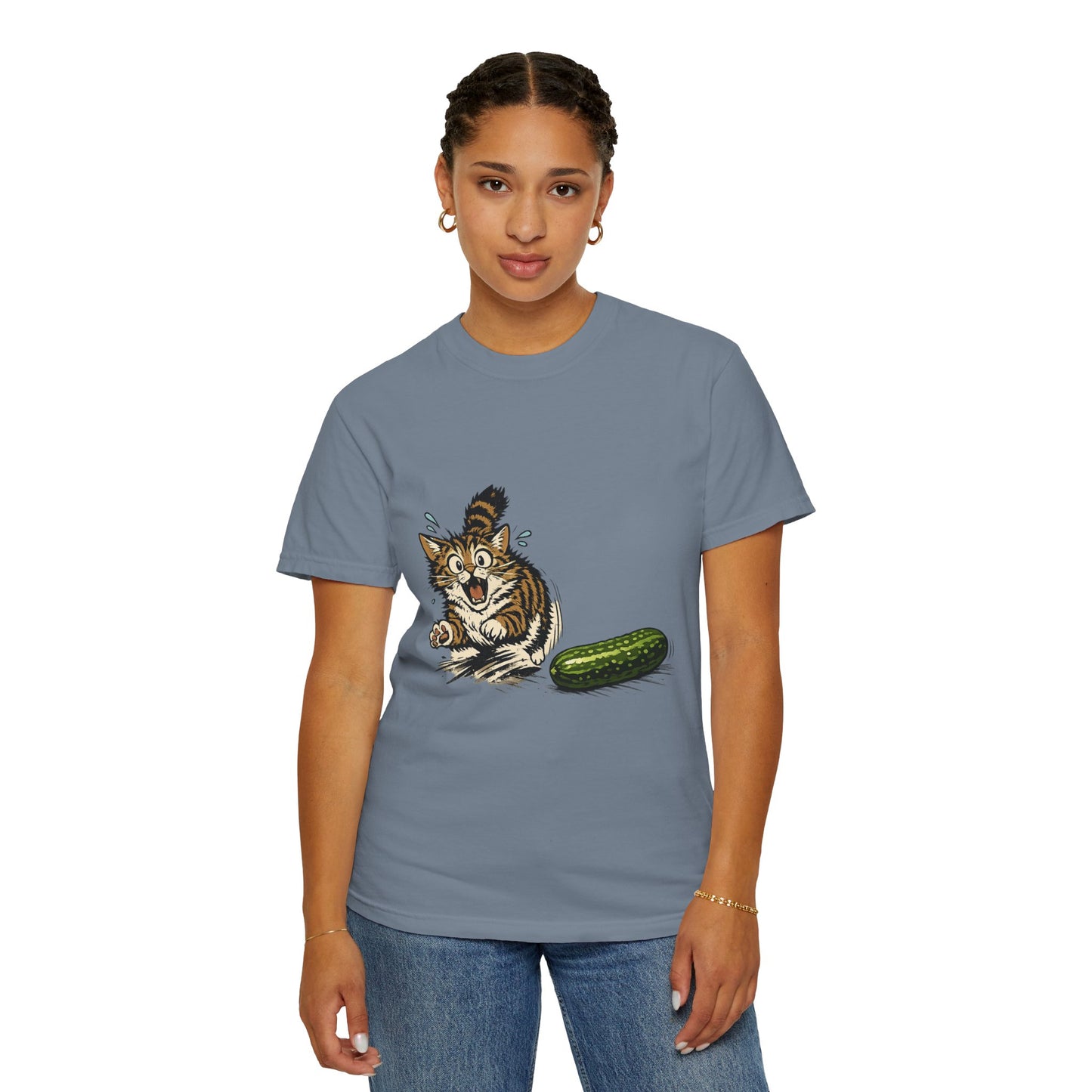 Cat and Cucumber Fear Graphic T-Shirt — Surprised Kitten with Cucumber Illustration