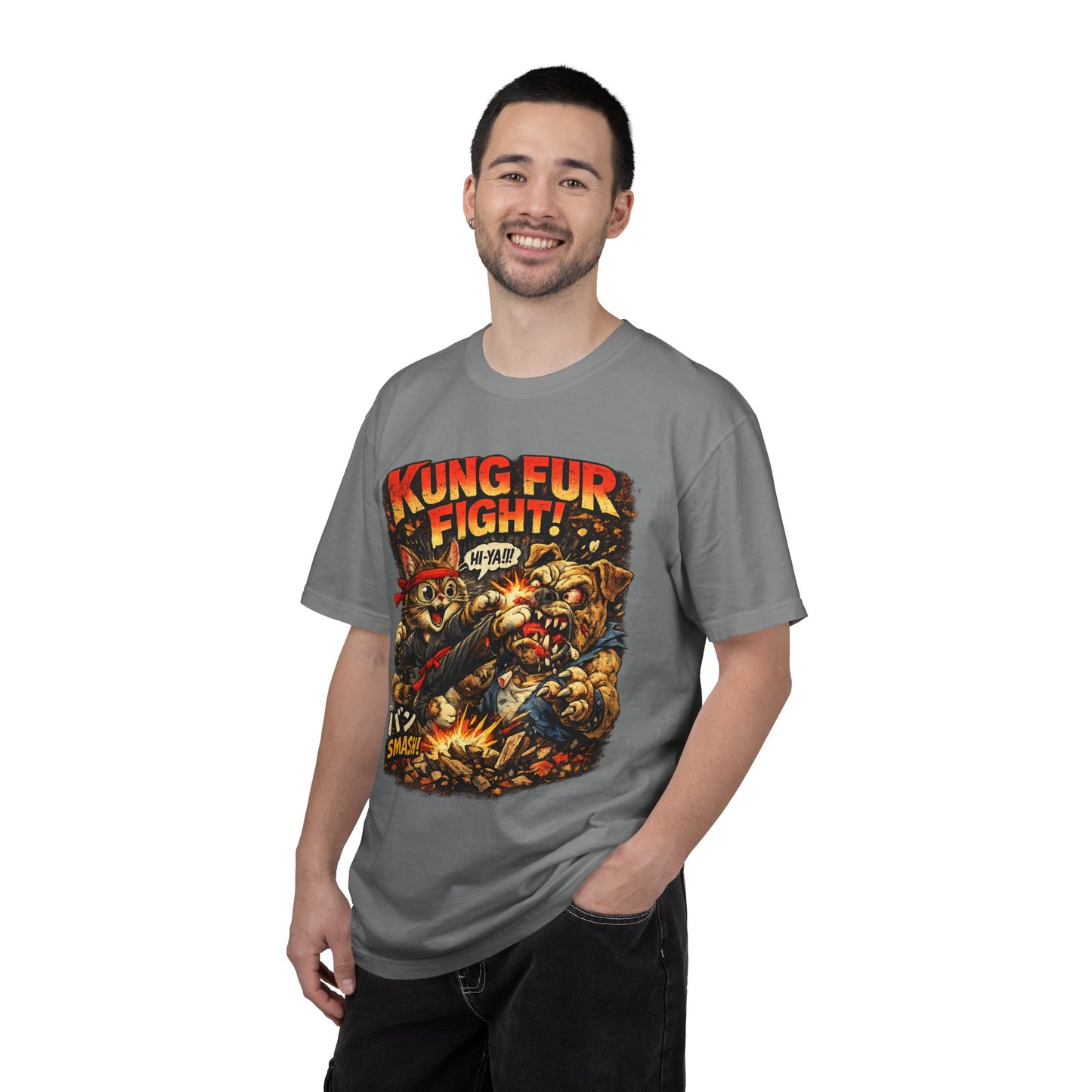 Kung Fur Fight T-Shirt — Retro Cat vs Dog Martial Arts Graphic Tee