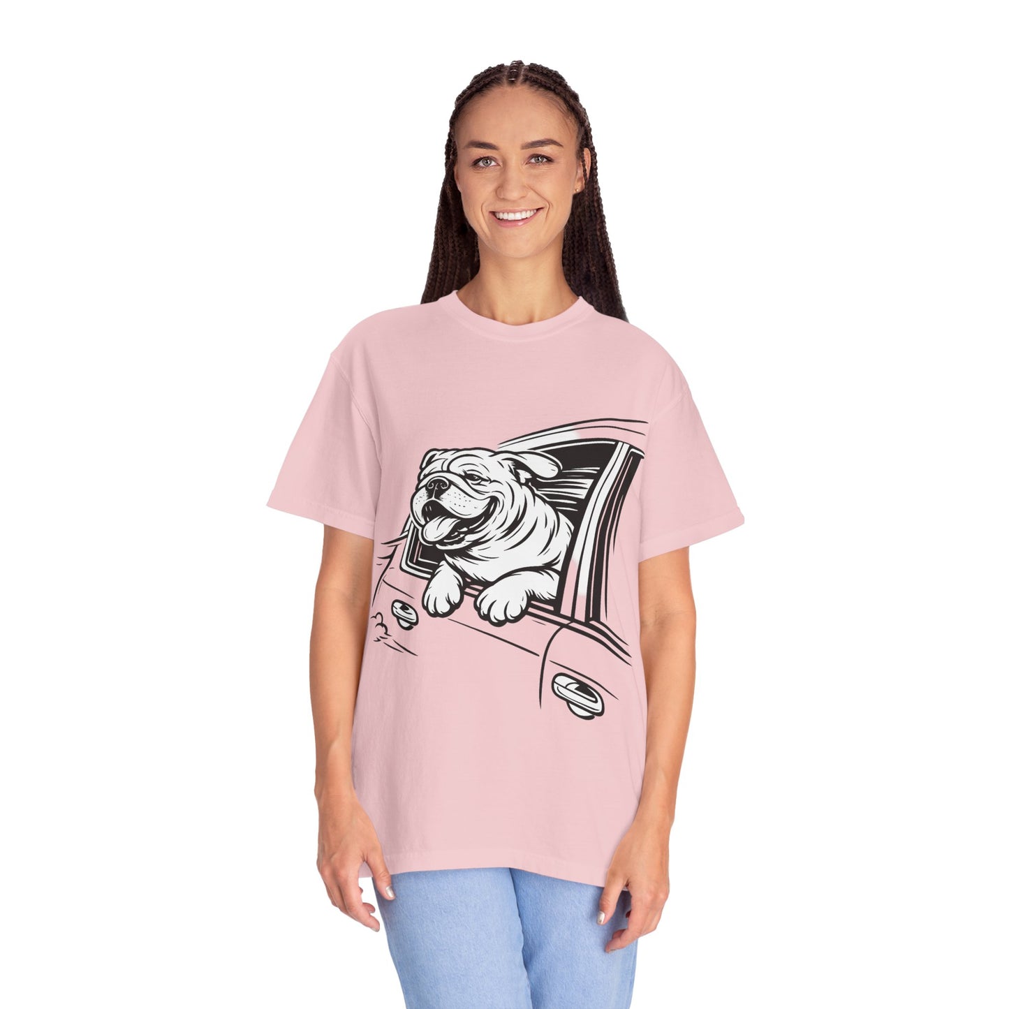 Bulldog Head Out Car Window T-Shirt — Cute Driving Dog Tee
