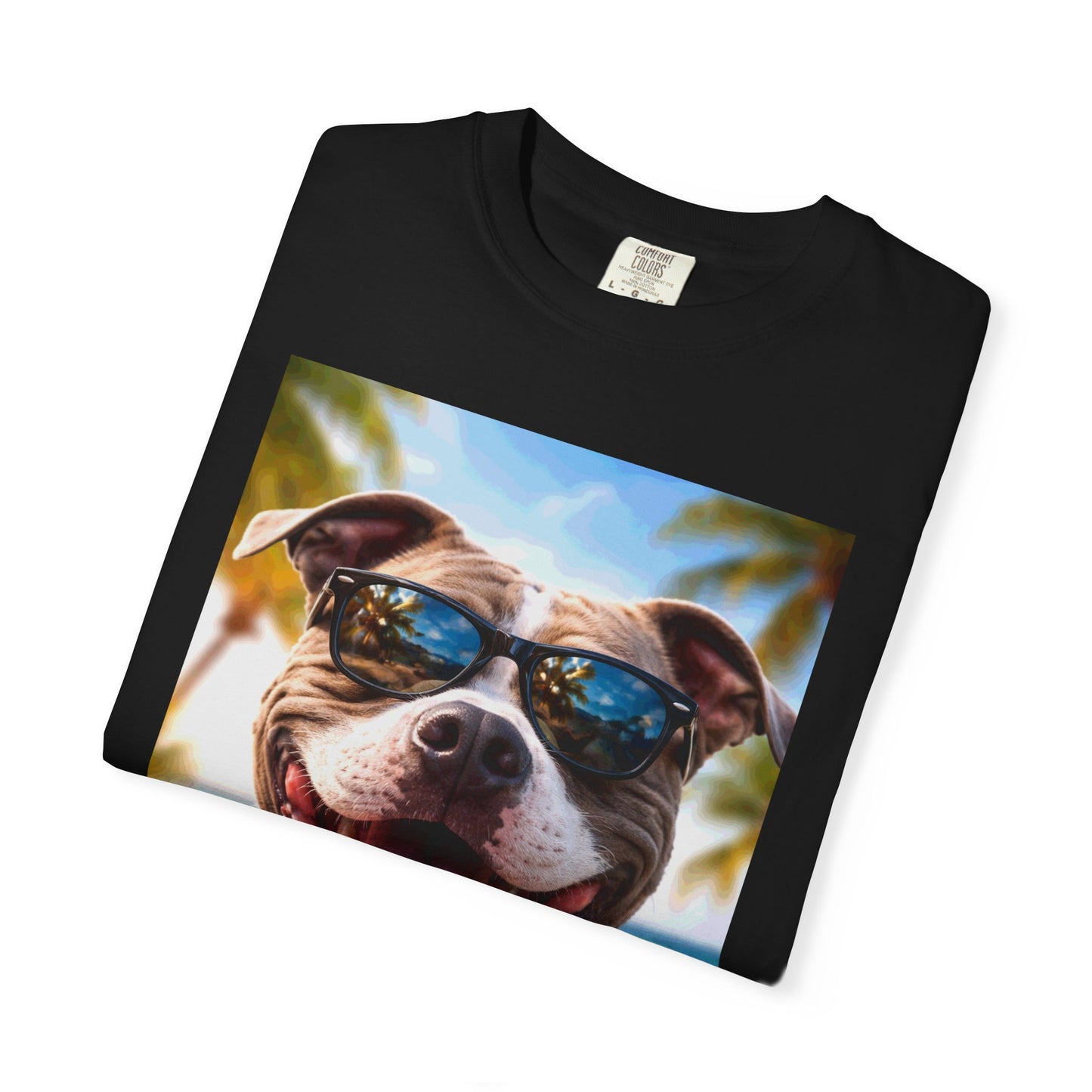 Happy Dog in Sunglasses T-Shirt — Summer Beach Pitbull Graphic Tee