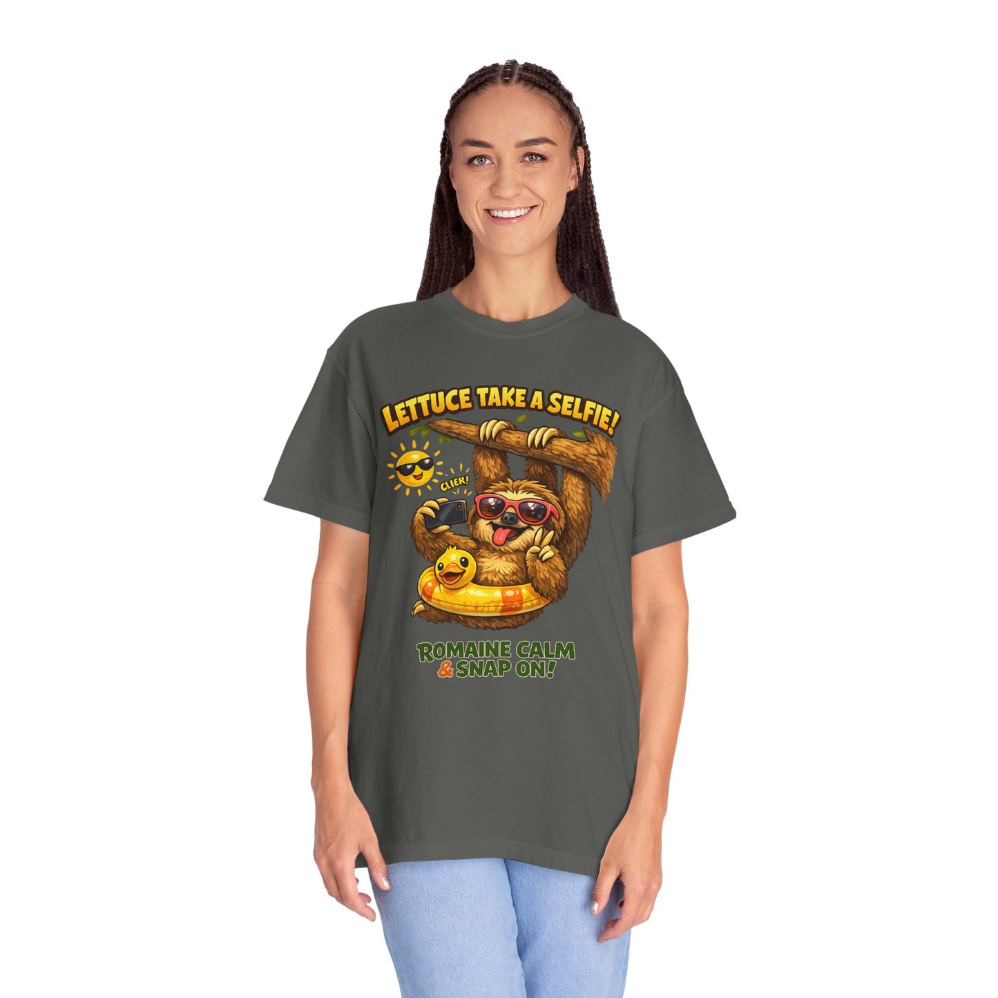 Romaine Calm & Snap On T-Shirt — 'Lettuce Take a Selfie' Sloth Graphic Tee