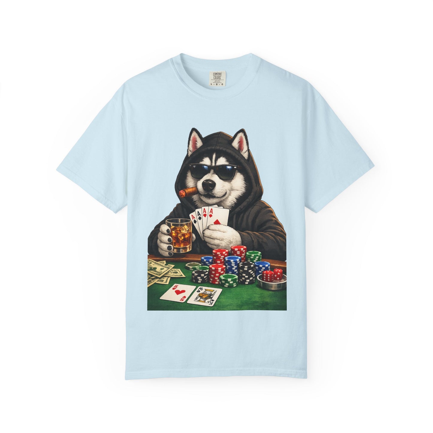 Poker Husky T-Shirt — Dog Playing Cards & Chips Graphic Tee