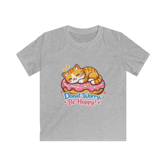 Kids T-Shirt — 'Donut Worry, Be Happy' Cute Cat on Donut Graphic Tee