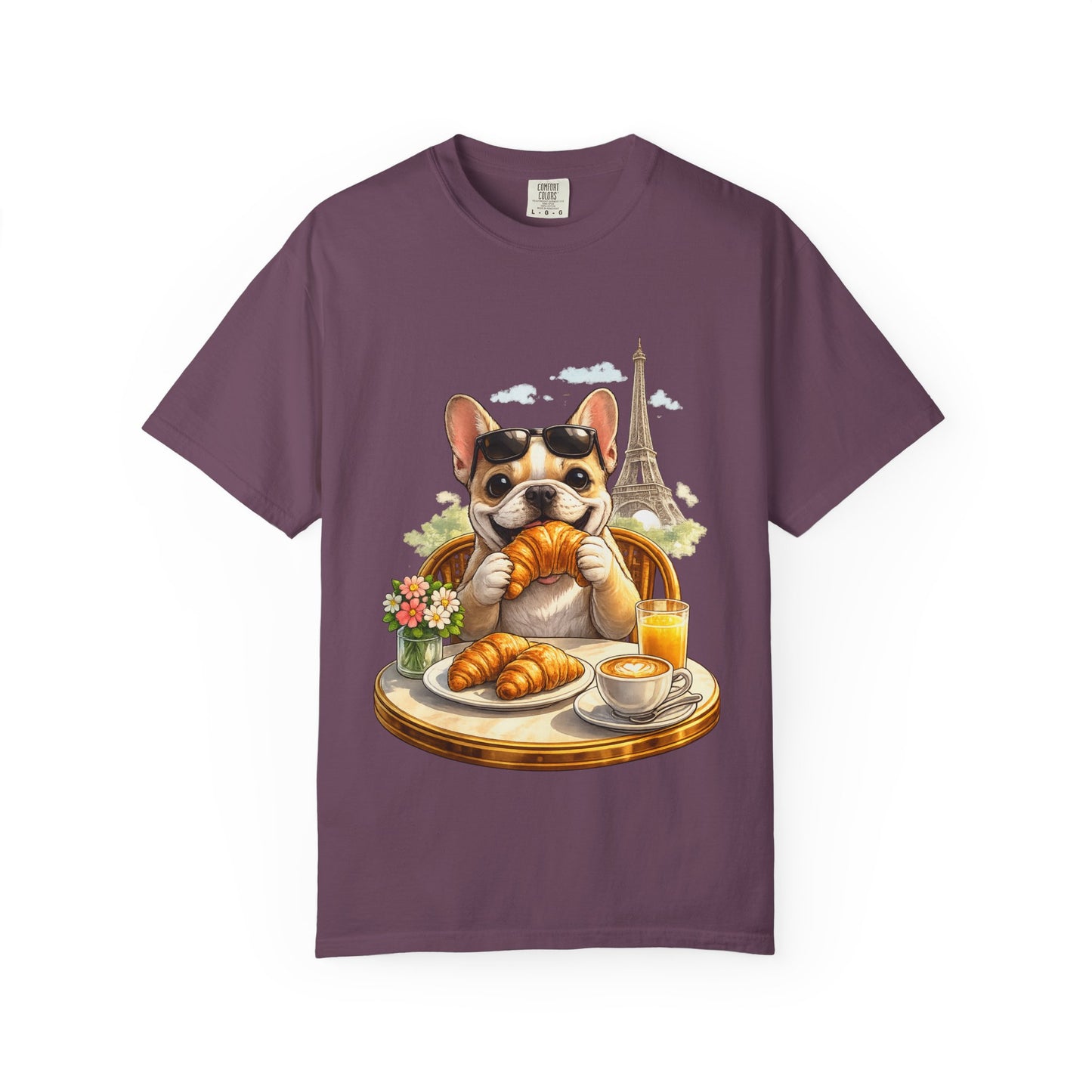 French Bulldog Breakfast T-Shirt — Croissant Café Tee with Eiffel Tower