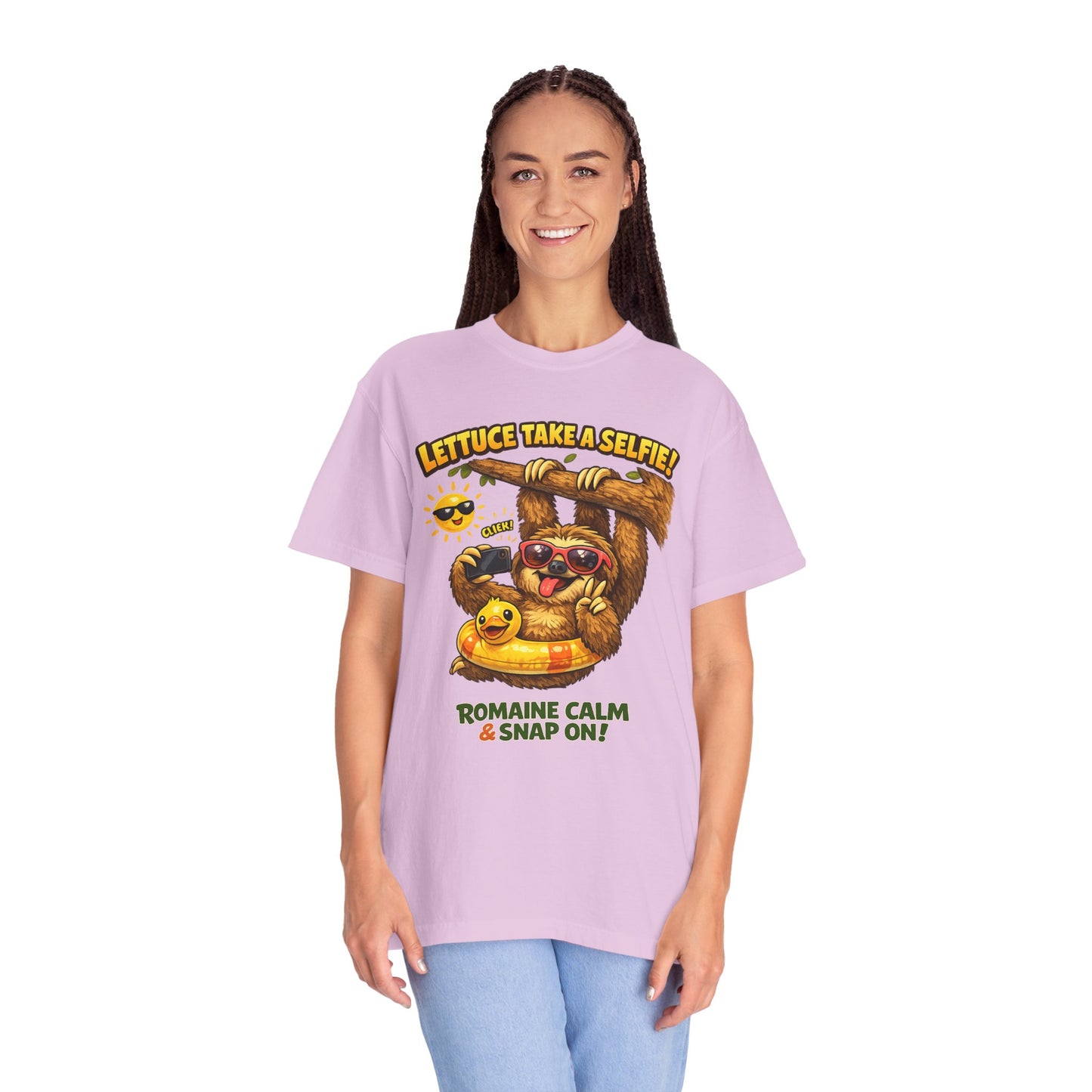 Romaine Calm & Snap On T-Shirt — 'Lettuce Take a Selfie' Sloth Graphic Tee