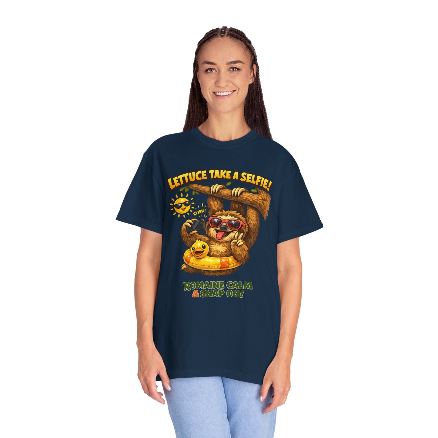Romaine Calm & Snap On T-Shirt — 'Lettuce Take a Selfie' Sloth Graphic Tee