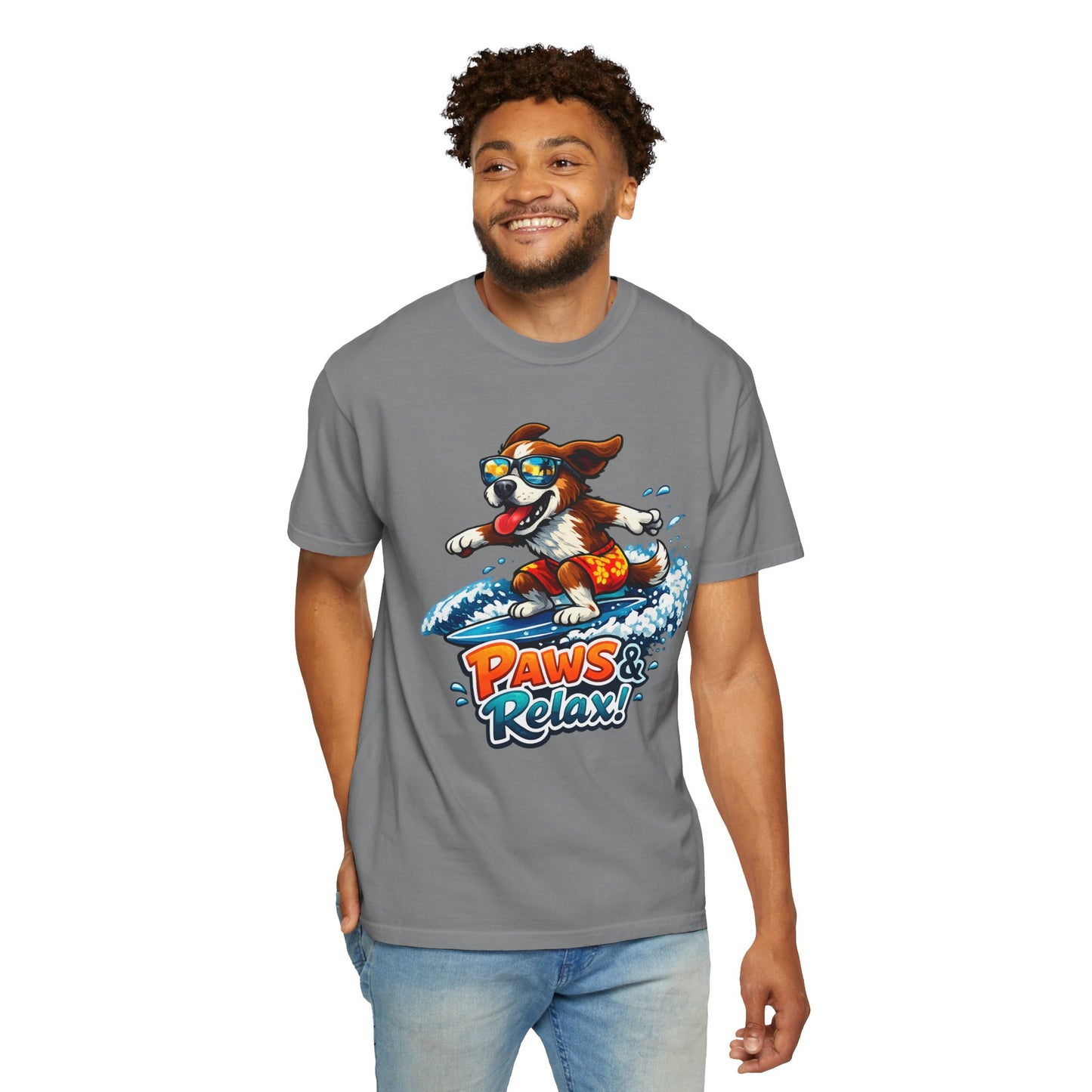 Surfing Dog T-Shirt — "Paws & Relax" Graphic Tee