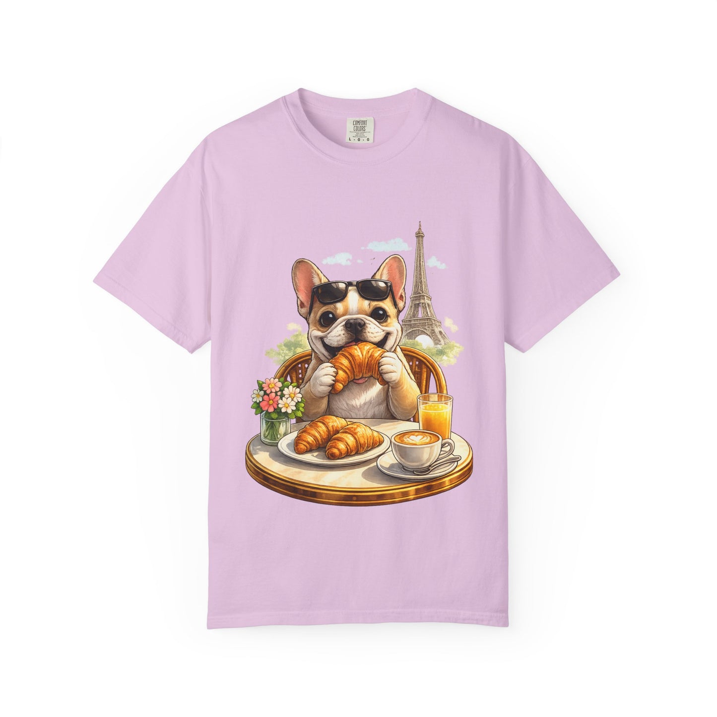 French Bulldog Breakfast T-Shirt — Croissant Café Tee with Eiffel Tower