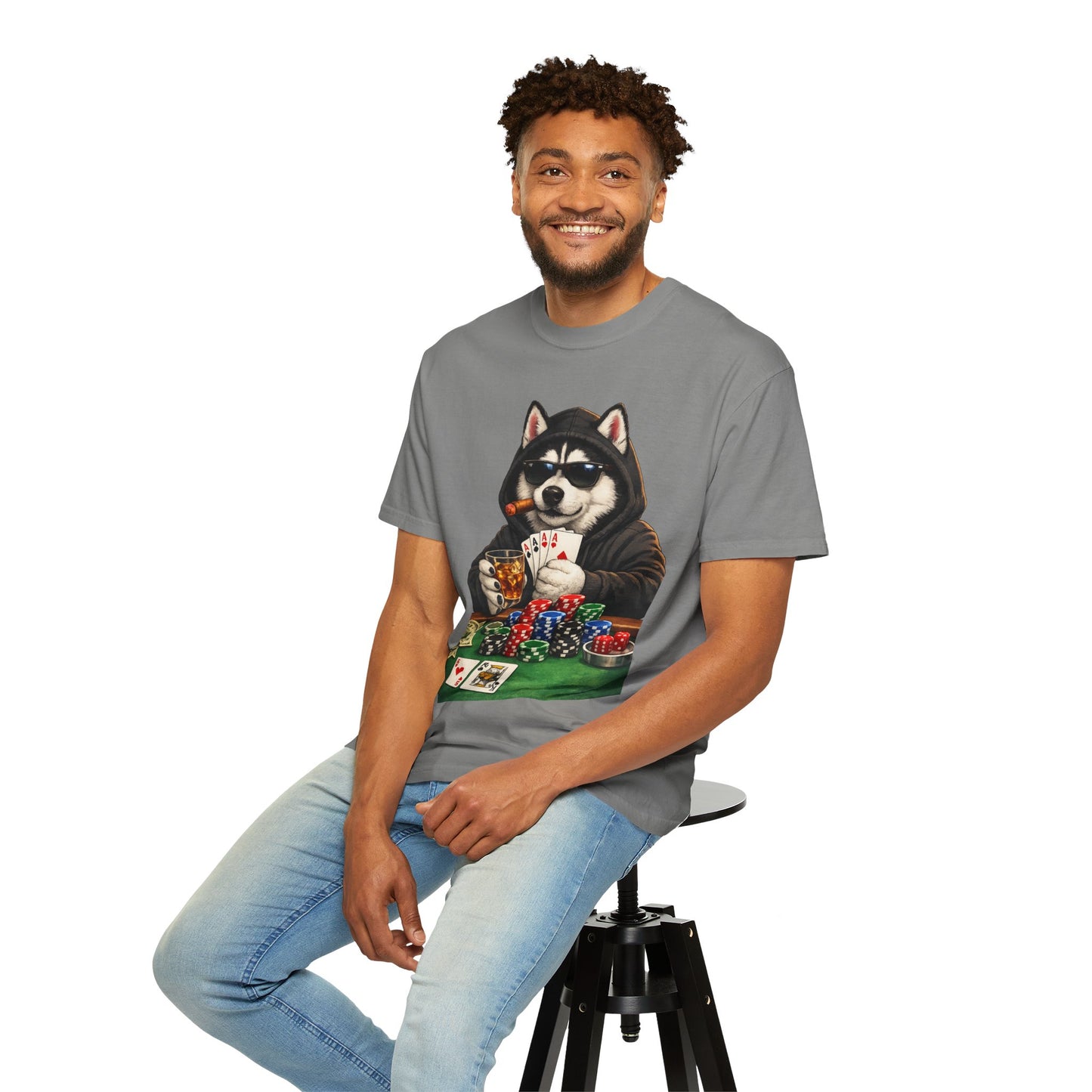 Poker Husky T-Shirt — Dog Playing Cards & Chips Graphic Tee