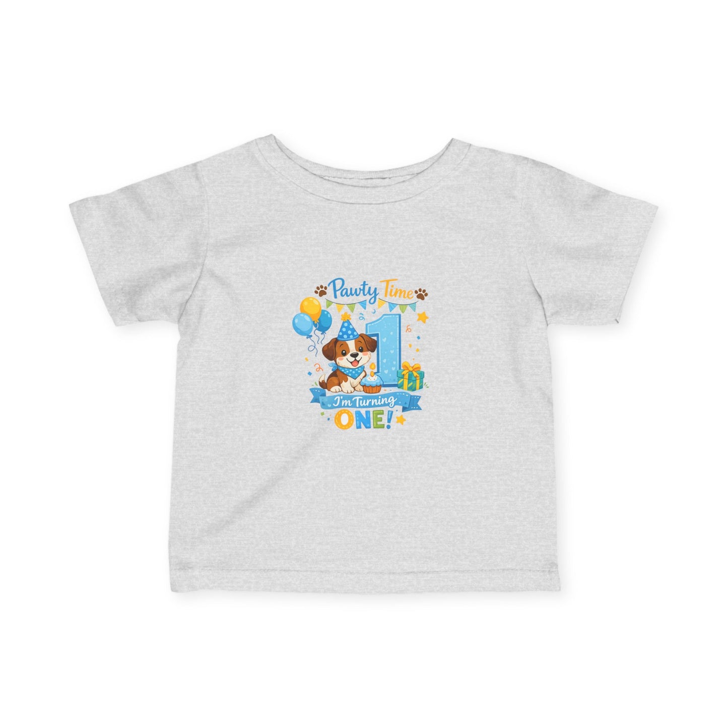 1st Birthday Infant Tee — "Party Time! Turning One" Cute Puppy Balloon Design