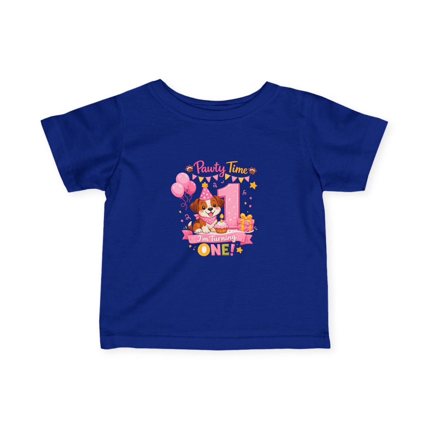 Girls First Birthday Infant Tee — "Party Time One!" Pink Puppy 1st Birthday Shirt