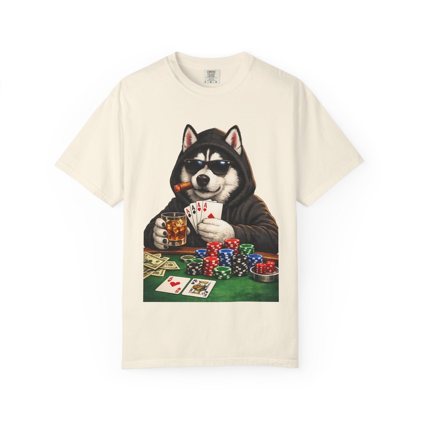 Poker Husky T-Shirt — Dog Playing Cards & Chips Graphic Tee