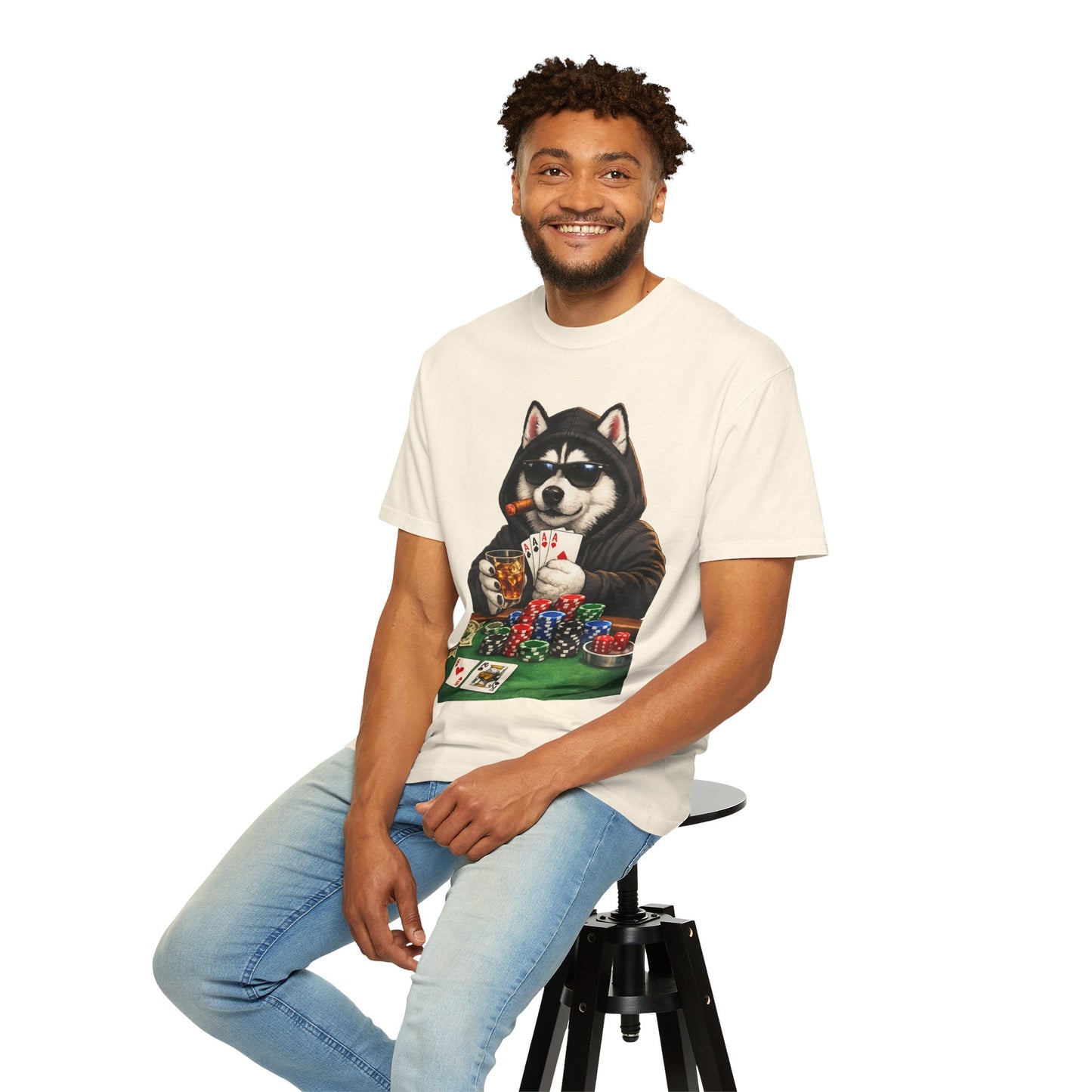Poker Husky T-Shirt — Dog Playing Cards & Chips Graphic Tee
