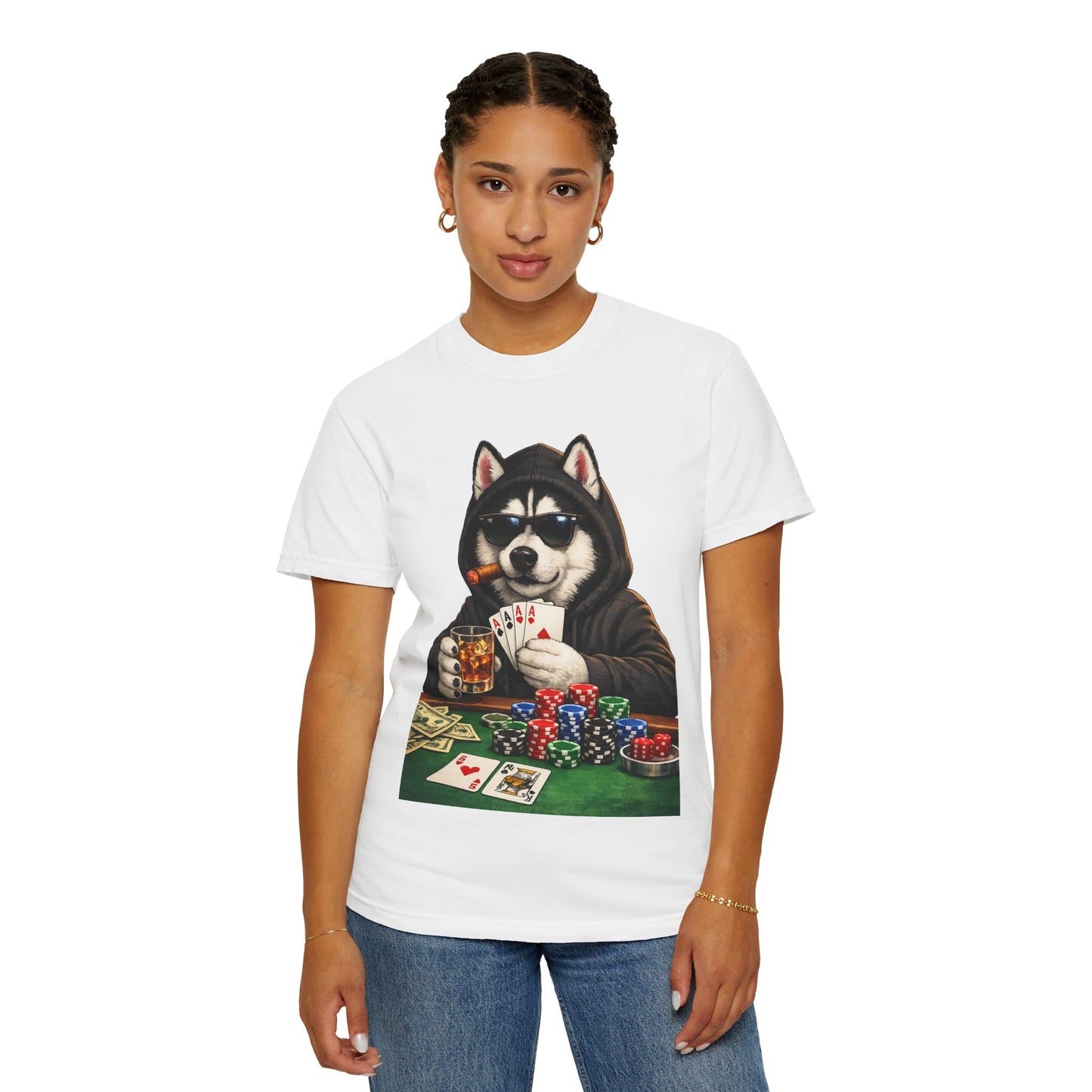 Poker Husky T-Shirt — Dog Playing Cards & Chips Graphic Tee