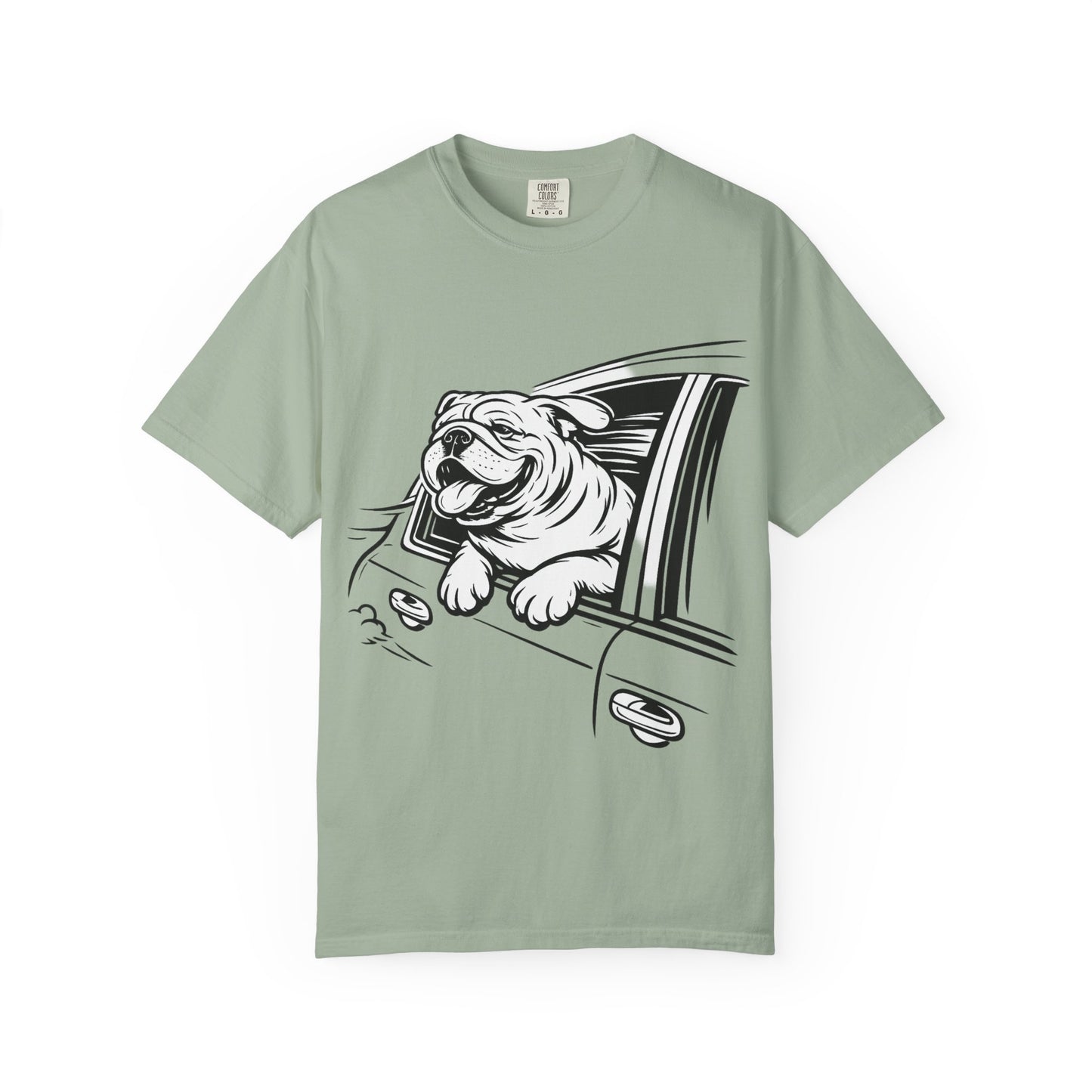 Bulldog Head Out Car Window T-Shirt — Cute Driving Dog Tee