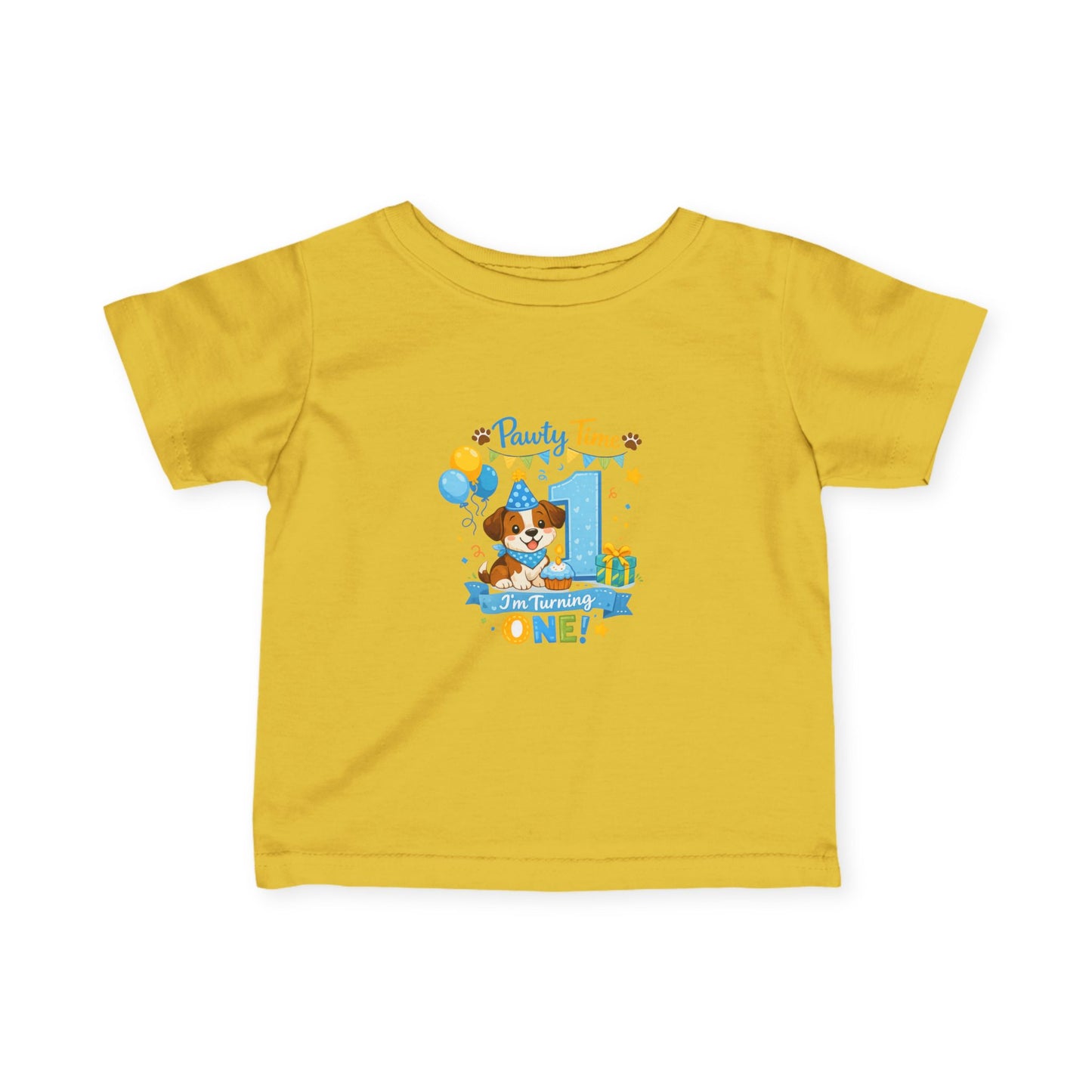 1st Birthday Infant Tee — "Party Time! Turning One" Cute Puppy Balloon Design