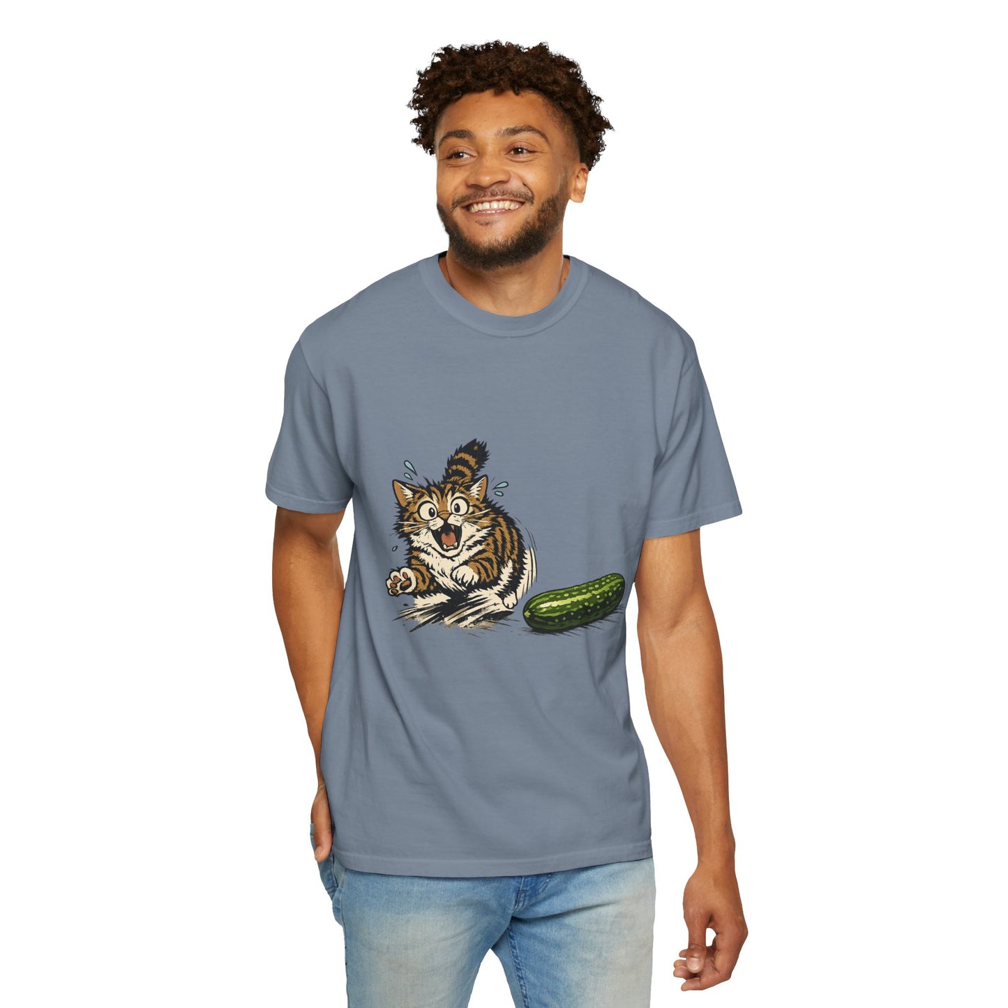 Cat and Cucumber Fear Graphic T-Shirt — Surprised Kitten with Cucumber Illustration