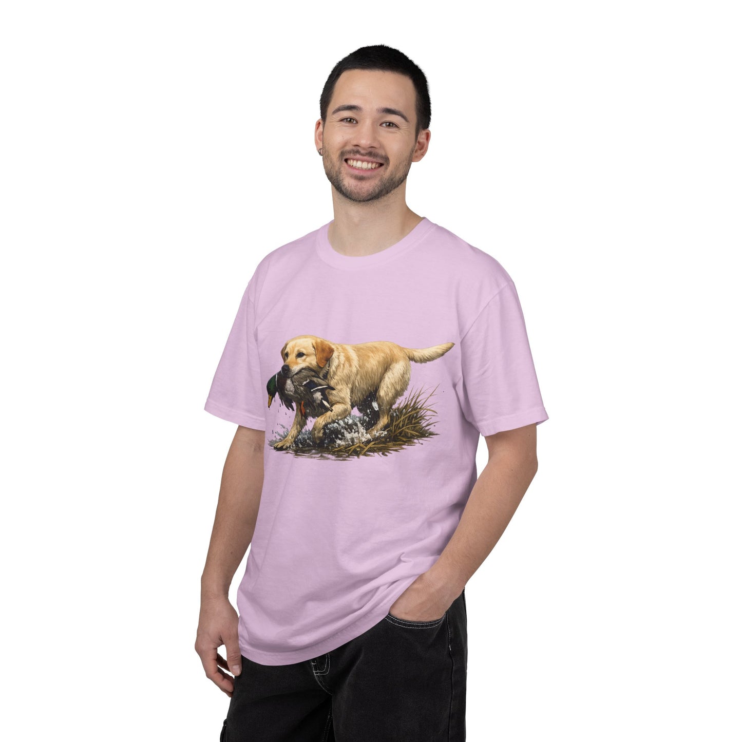 Labrador Retriever Hunting Dog T-Shirt — Yellow Lab with Duck Graphic