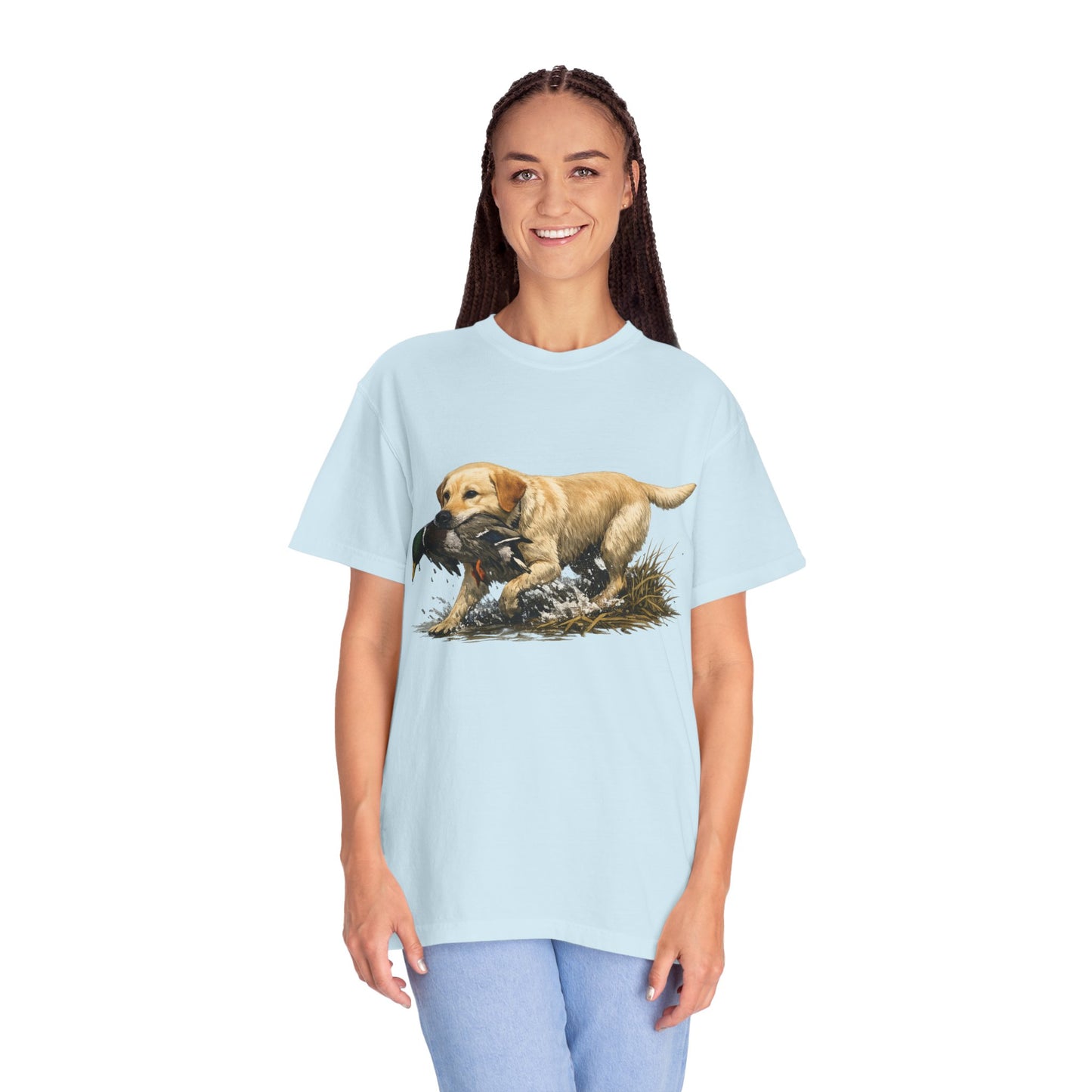 Labrador Retriever Hunting Dog T-Shirt — Yellow Lab with Duck Graphic