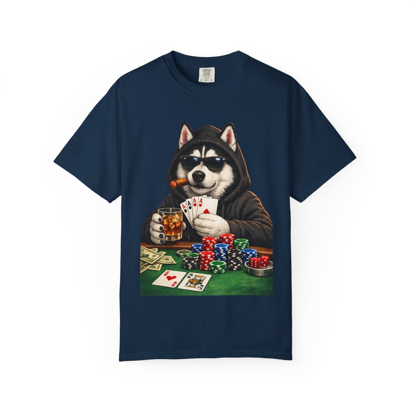 Poker Husky T-Shirt — Dog Playing Cards & Chips Graphic Tee