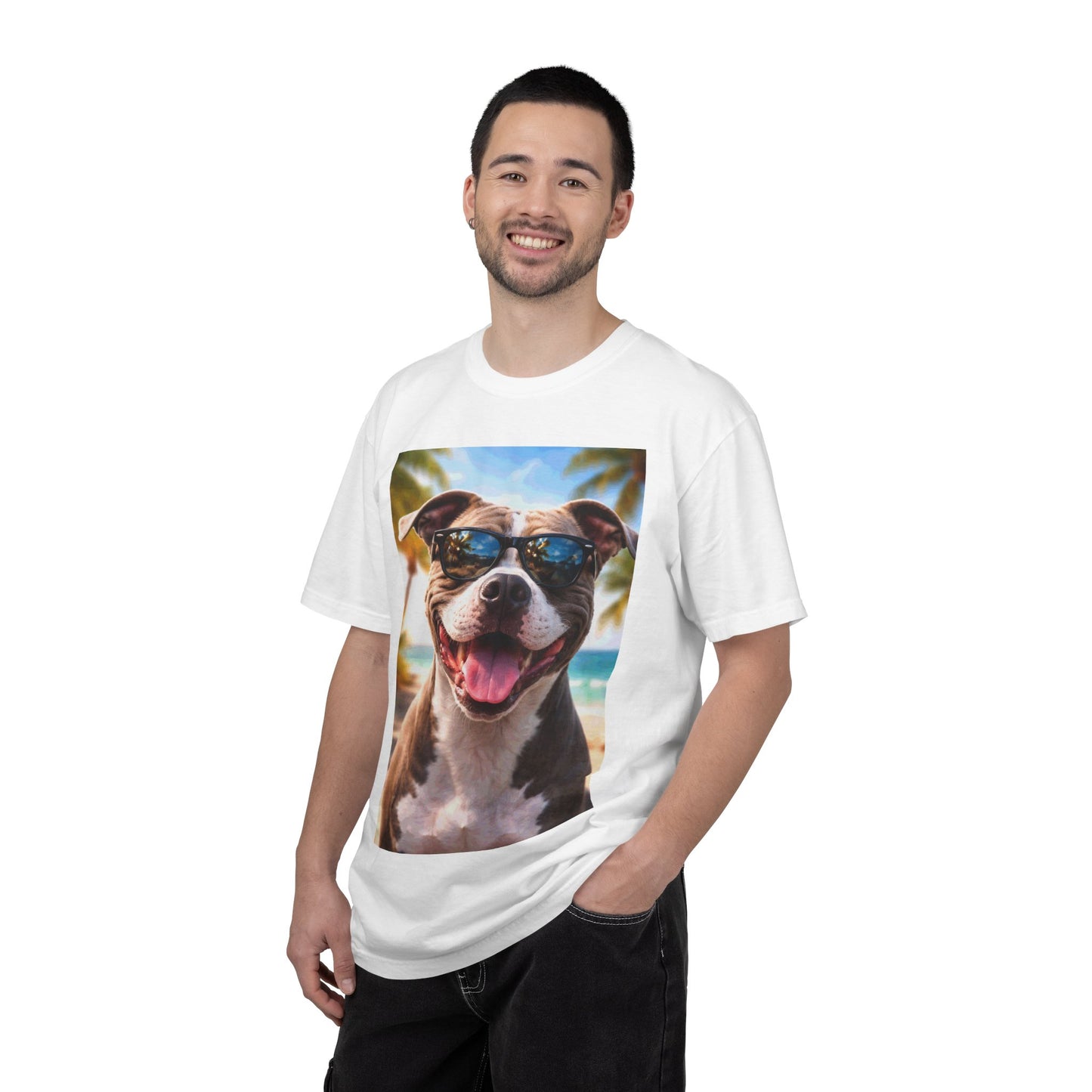Happy Dog in Sunglasses T-Shirt — Summer Beach Pitbull Graphic Tee