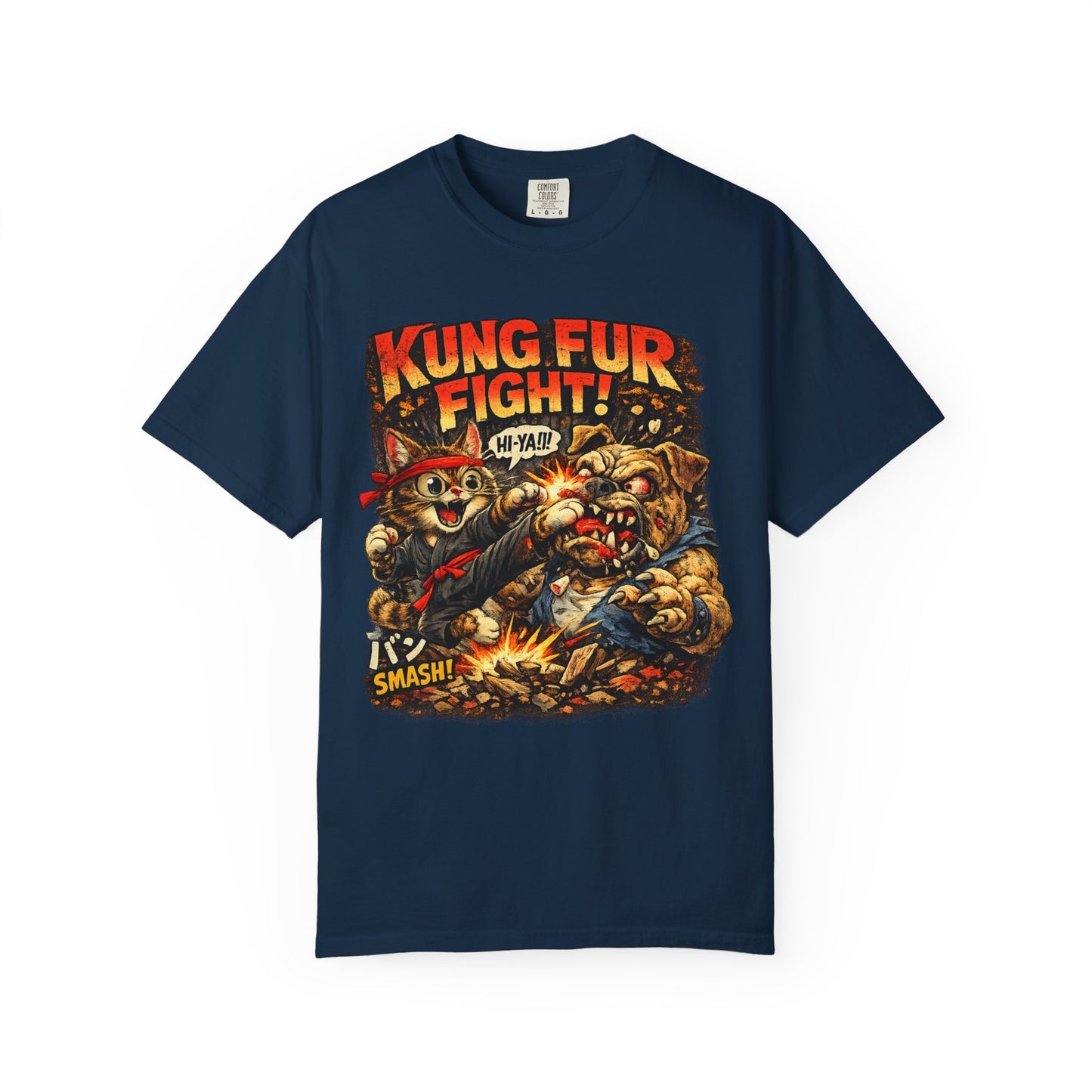 Kung Fur Fight T-Shirt — Retro Cat vs Dog Martial Arts Graphic Tee