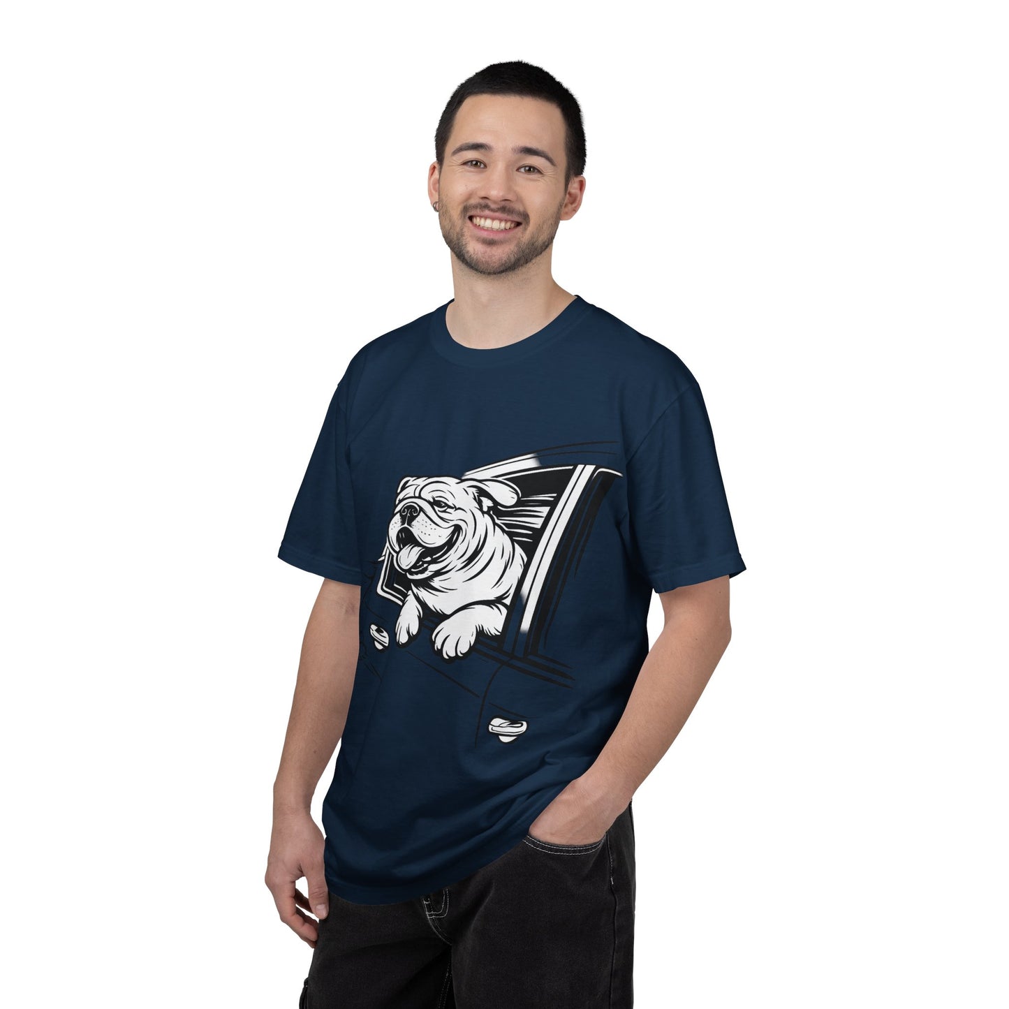 Bulldog Head Out Car Window T-Shirt — Cute Driving Dog Tee