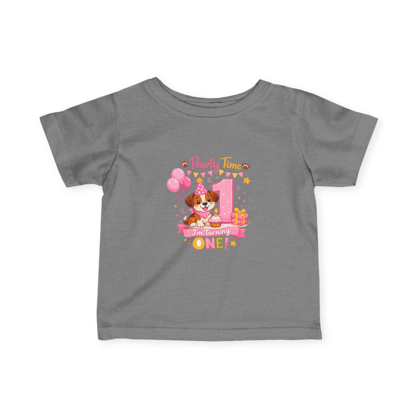 Girls First Birthday Infant Tee — "Party Time One!" Pink Puppy 1st Birthday Shirt