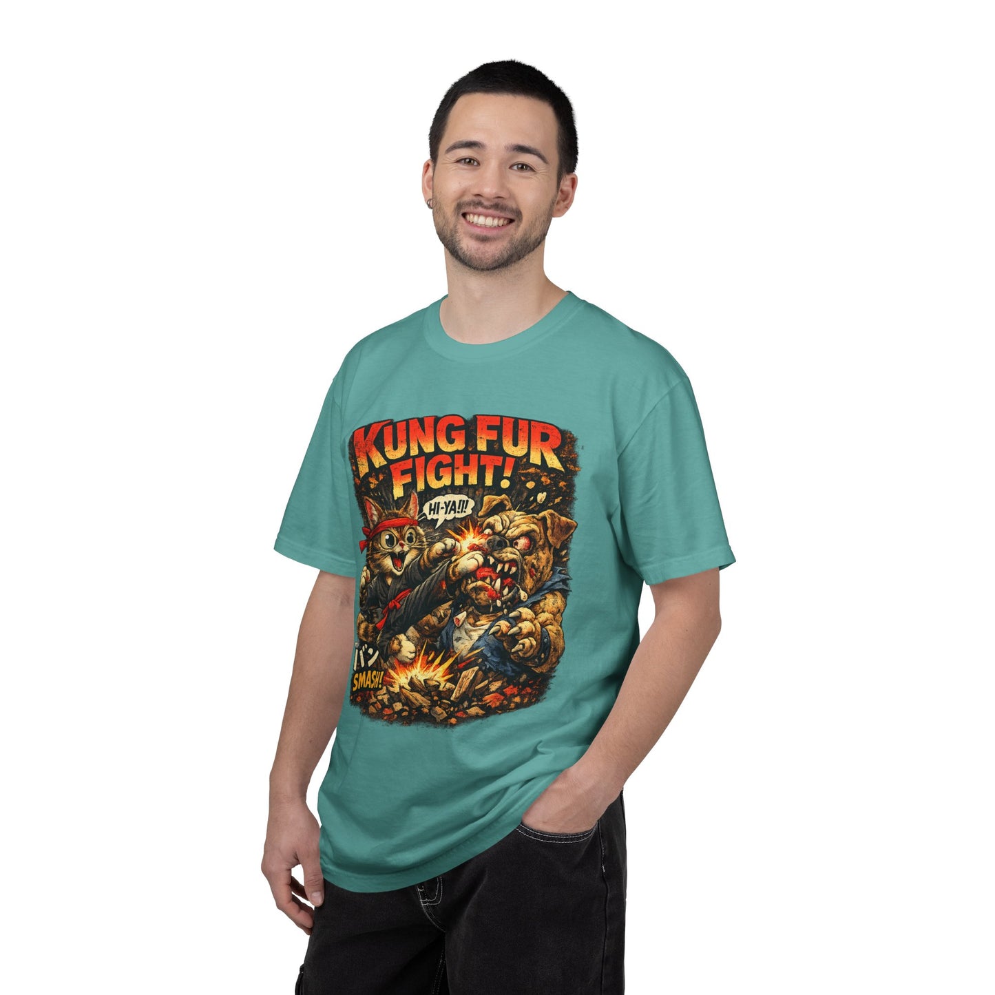 Kung Fur Fight T-Shirt — Retro Cat vs Dog Martial Arts Graphic Tee
