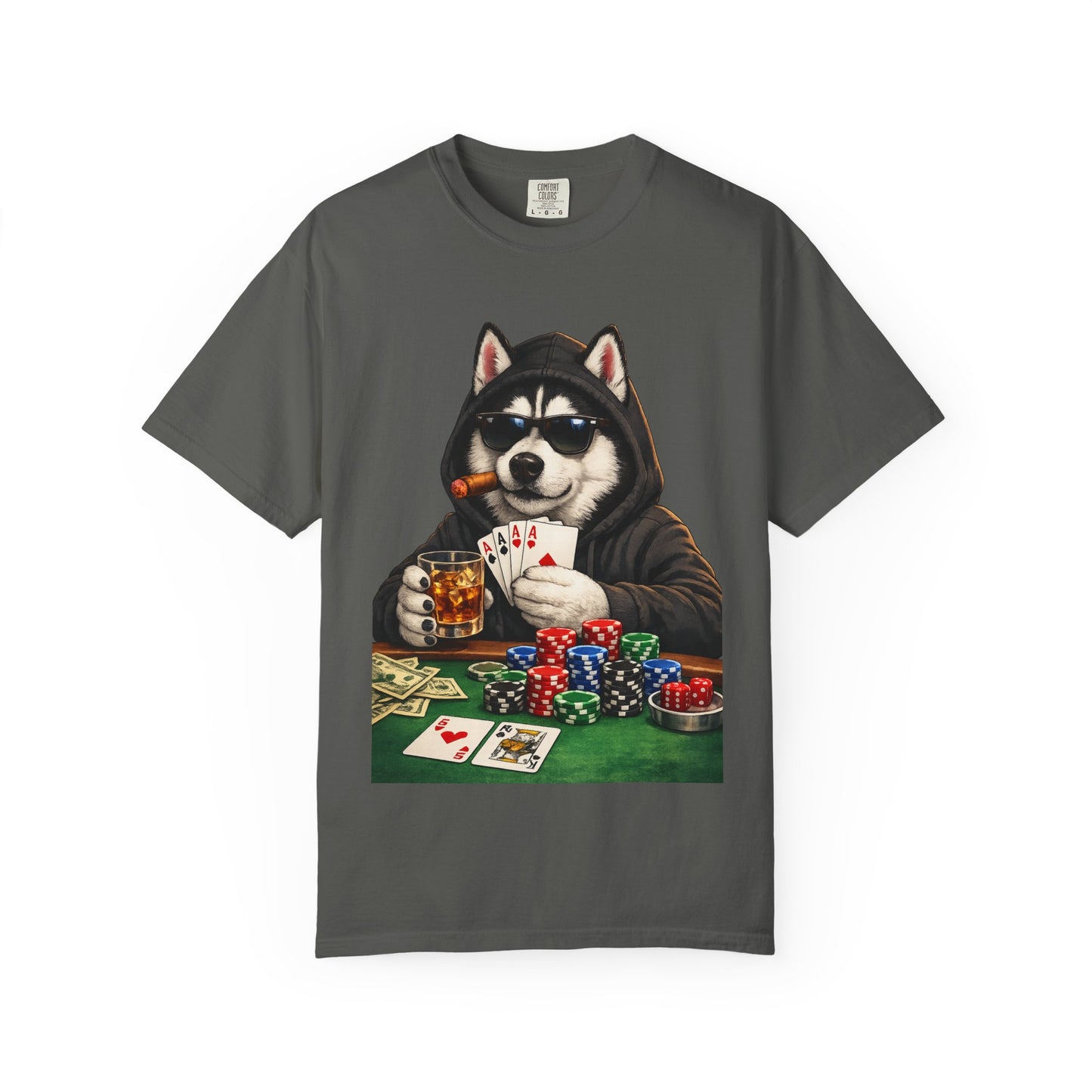Poker Husky T-Shirt — Dog Playing Cards & Chips Graphic Tee