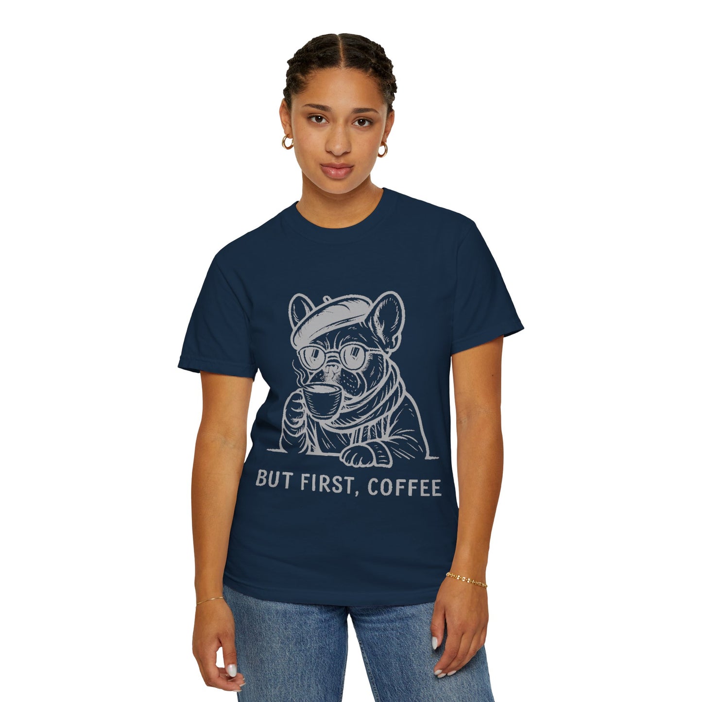 But First, Coffee T-Shirt — French Bulldog Drinking Coffee Graphic Tee