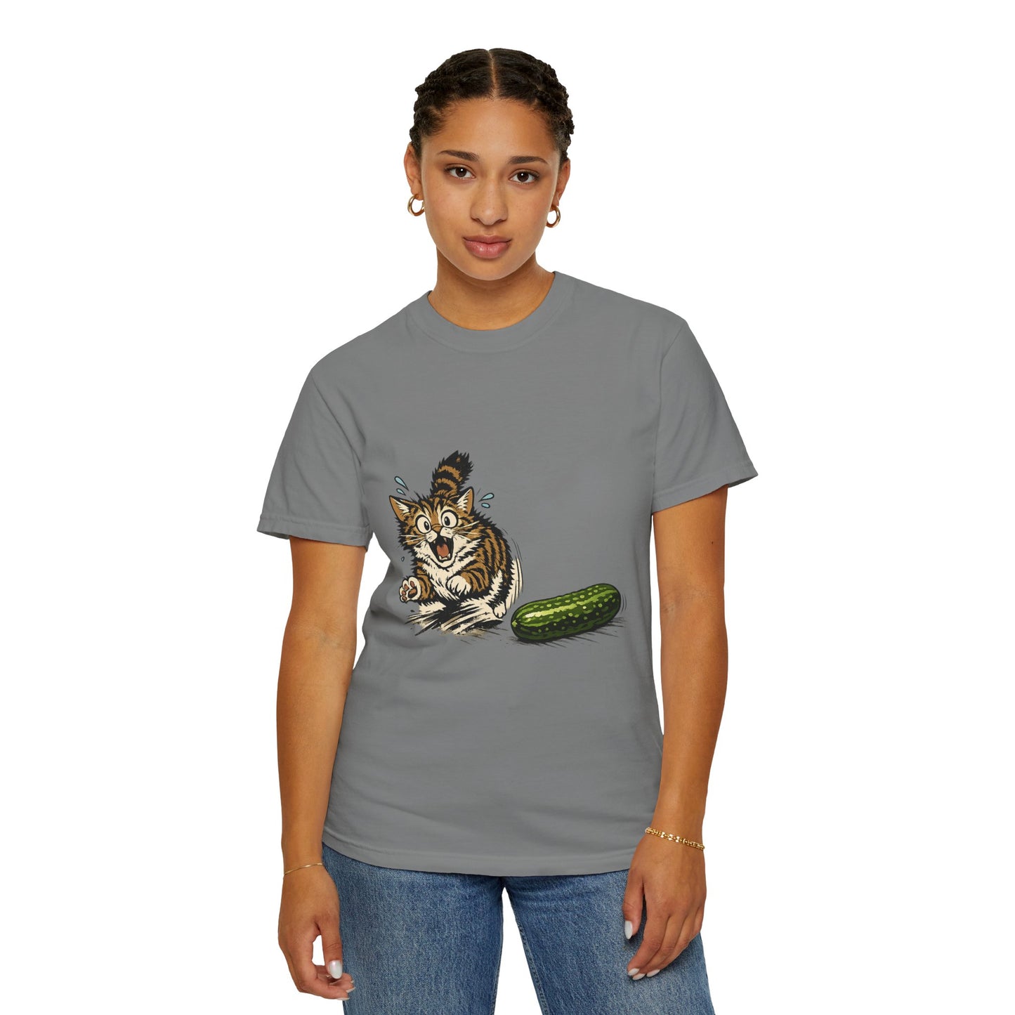 Cat and Cucumber Fear Graphic T-Shirt — Surprised Kitten with Cucumber Illustration